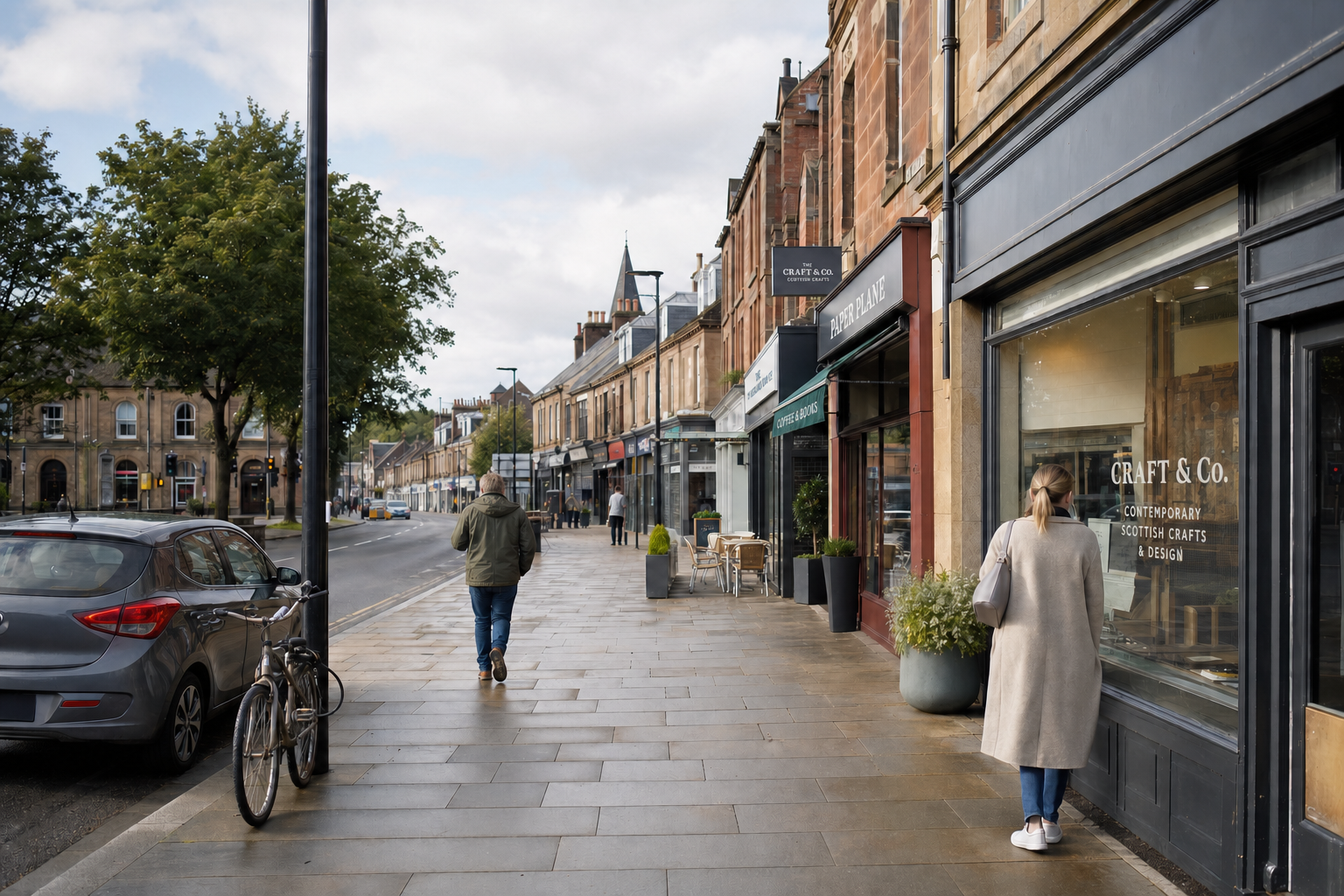 People walking on a quiet street lined with shops and parked cars on a cloudy day.