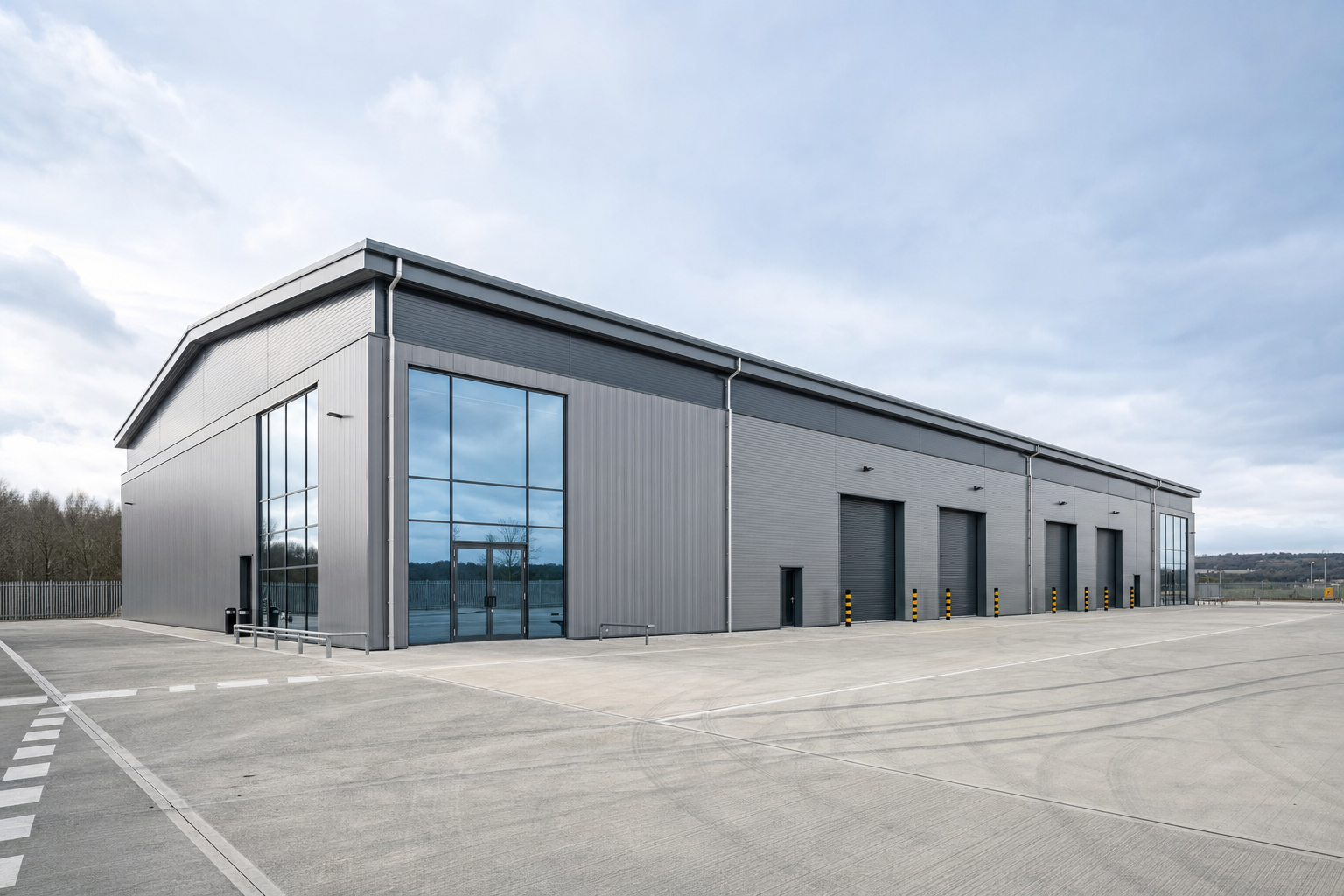 Modern grey industrial warehouse with large windows and multiple roller doors, set against a cloudy sky.