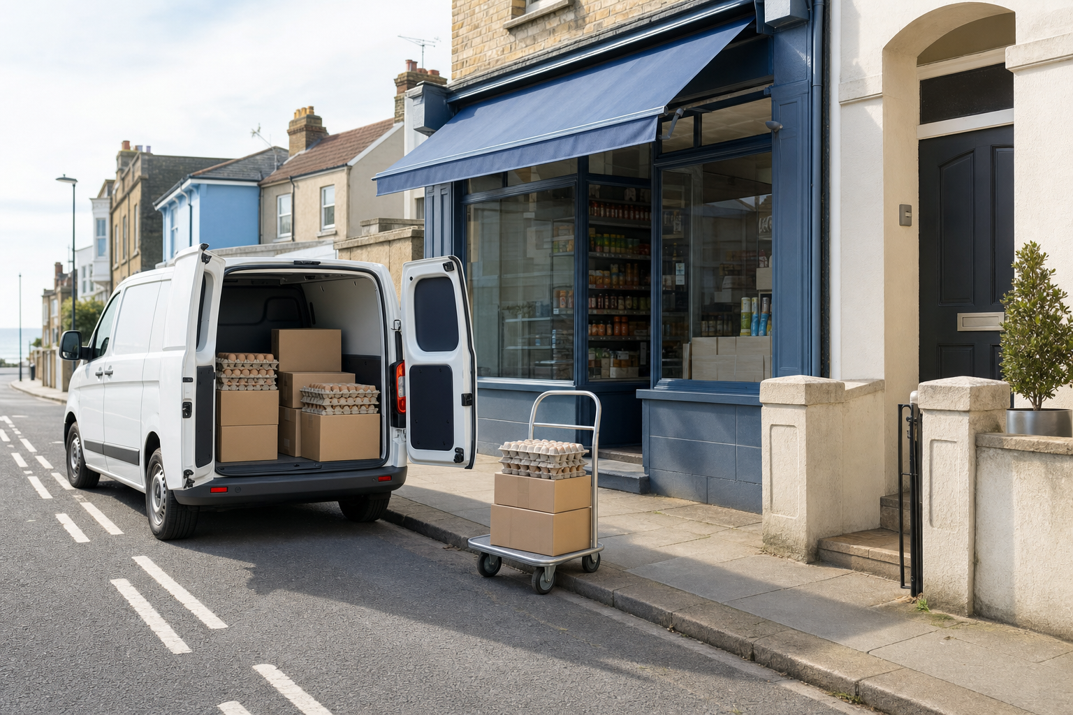 A delivery van parked outside a shop, with cartons of eggs on a trolley beside it.