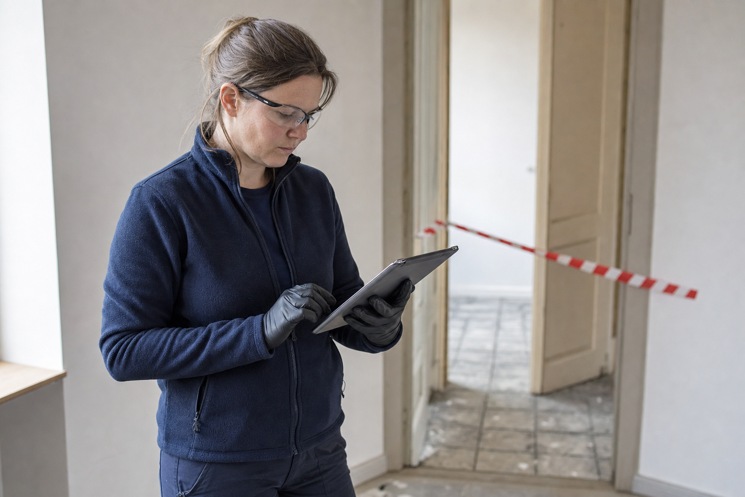A person wearing safety gear uses a tablet in a room with caution tape.