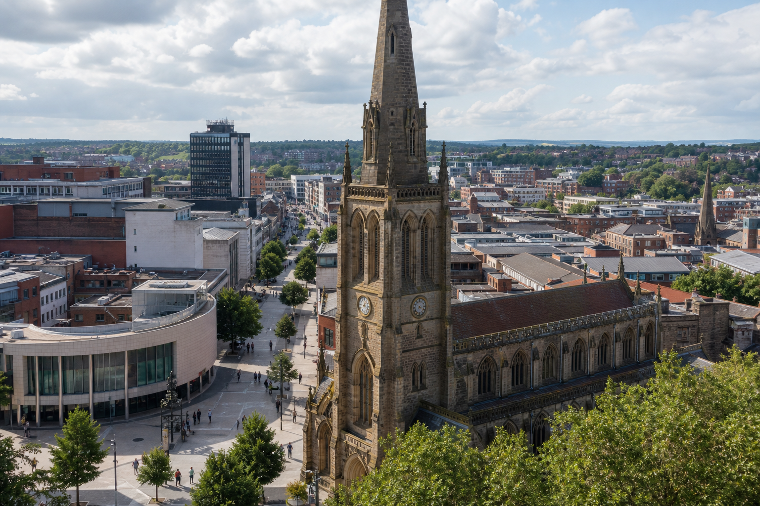 Aerial view of a historic church tower with a modern cityscape in the background.