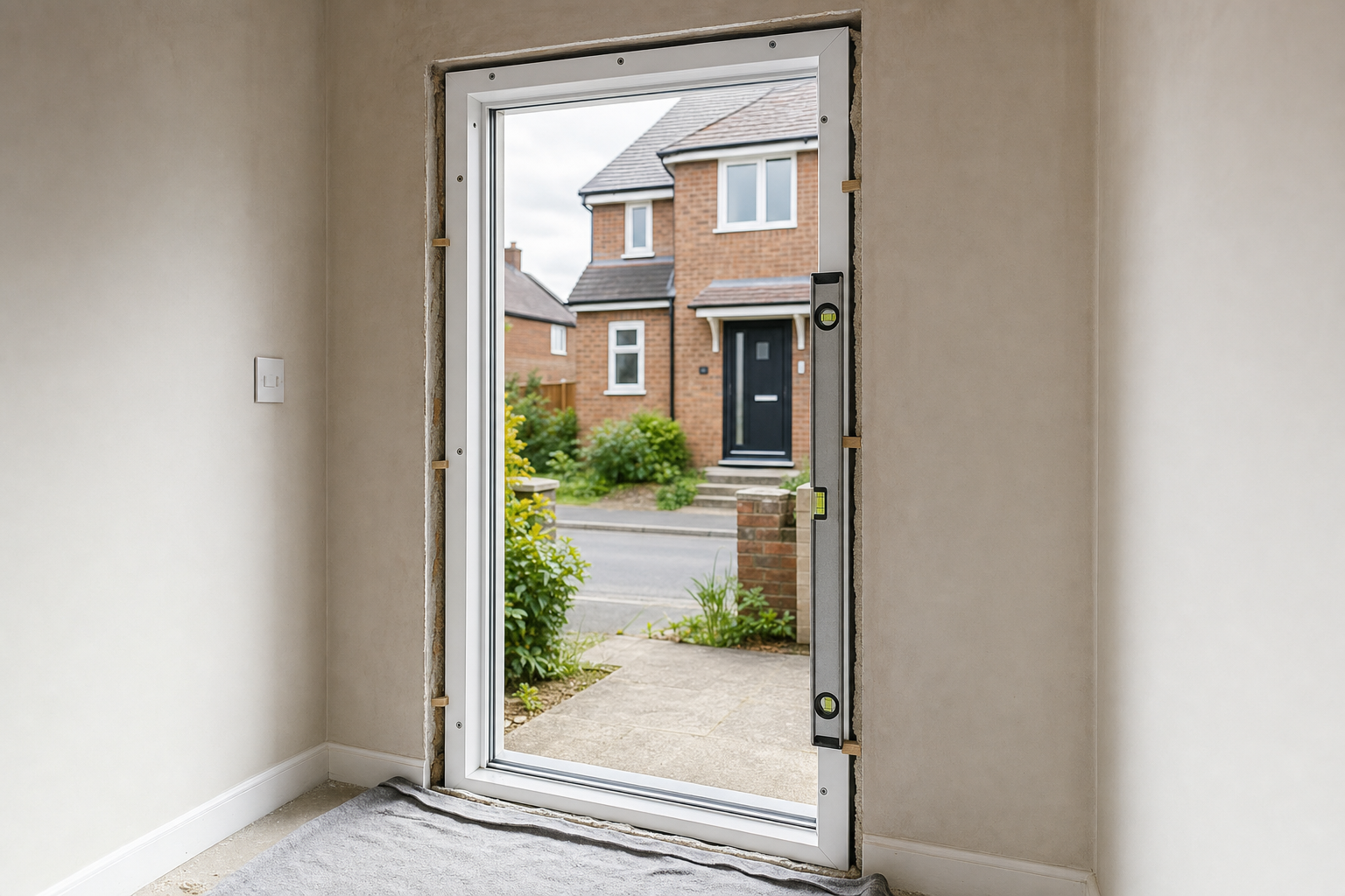A newly installed modern door frame with a view of a brick house exterior across the street.
