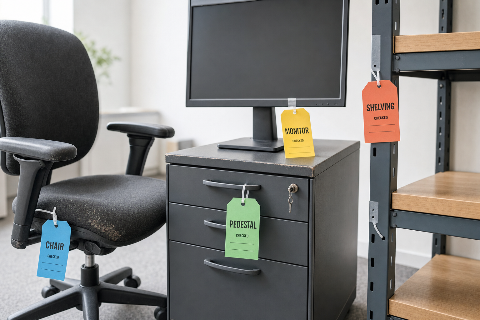 Office furniture with checked tags on a chair, monitor, pedestal, and shelving unit.