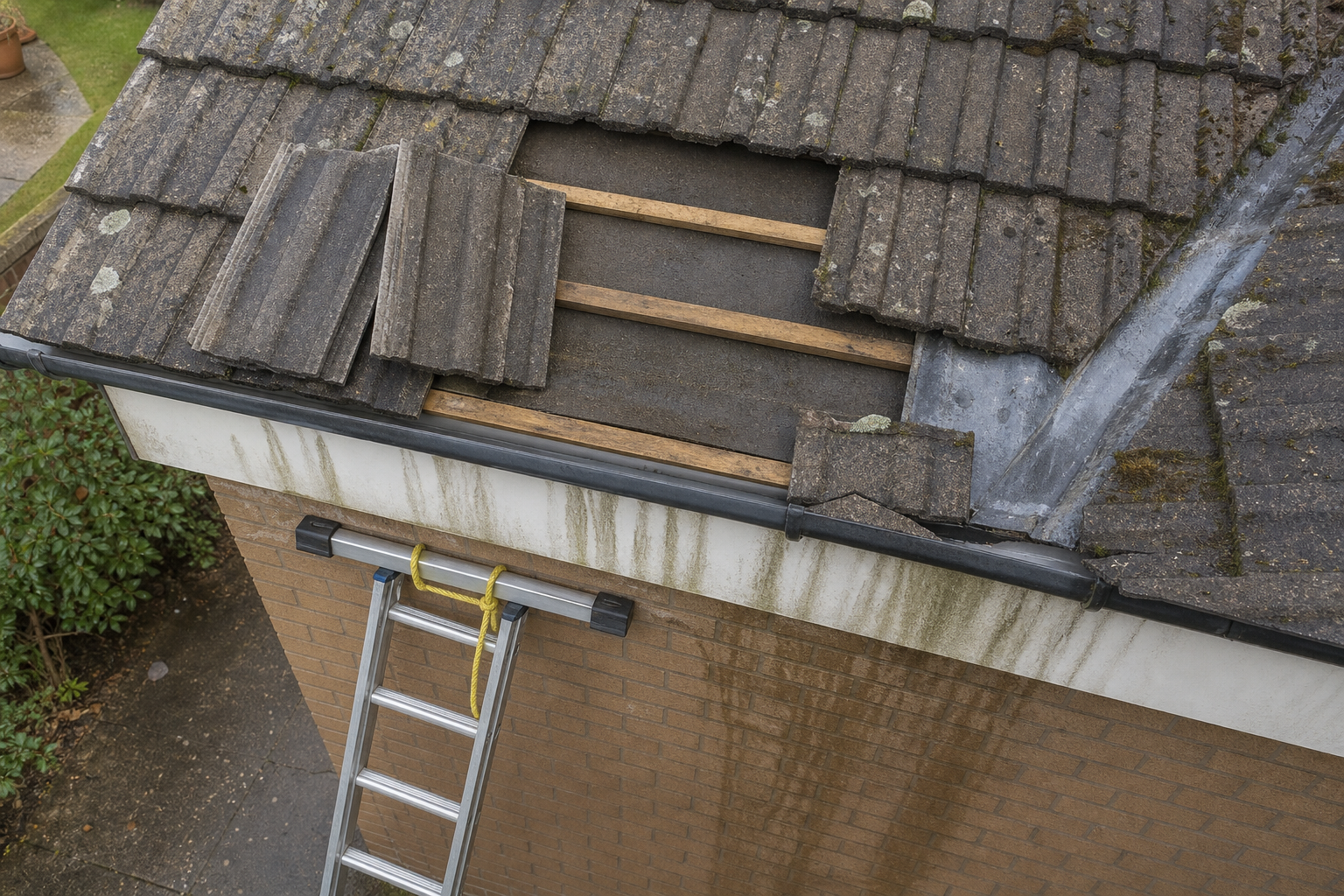 A damaged roof with missing tiles and a ladder propped against the side of a brick house.