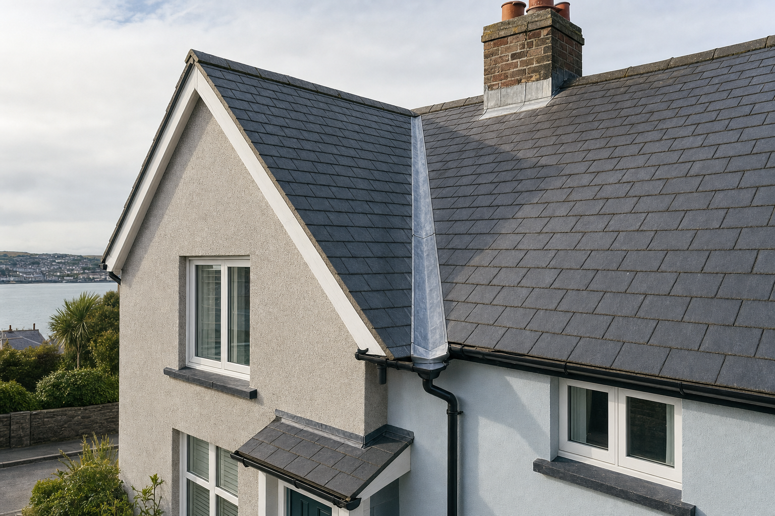 A slate-roofed house with a chimney overlooking a coastal town and waterfront.