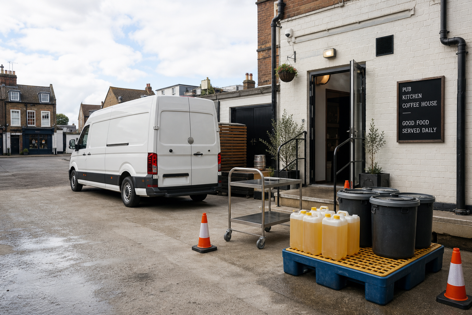 White delivery van parked outside a pub with barrels and oil containers on a pallet nearby.