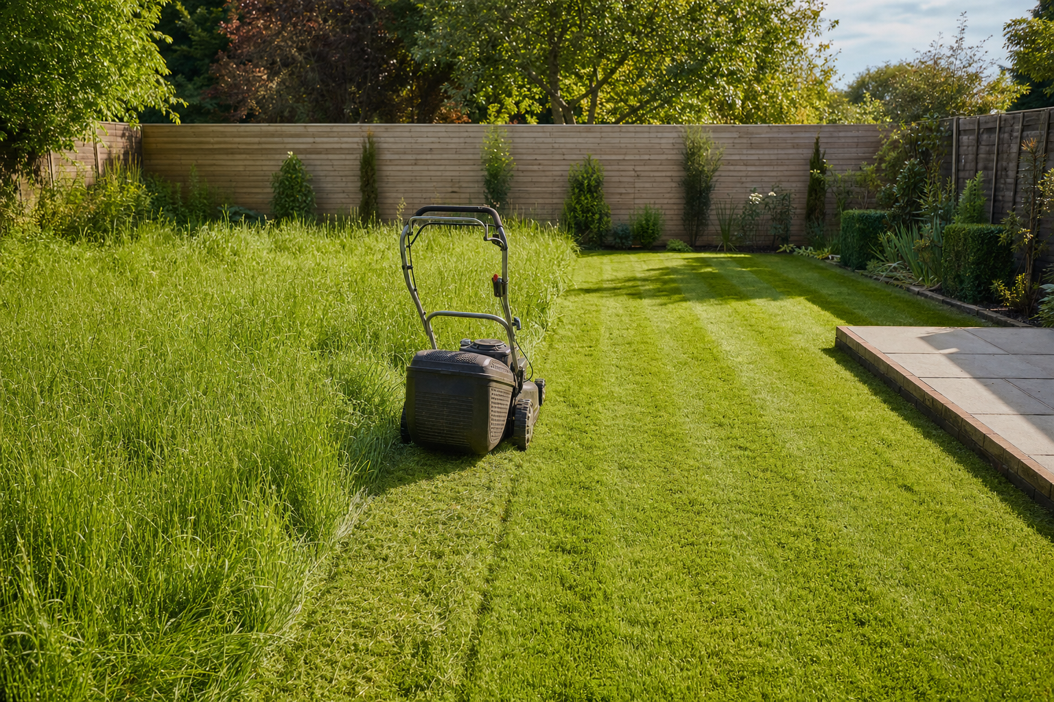 A lawnmower partially cuts a garden, leaving a distinct line between mowed and tall grass on a sunny day.