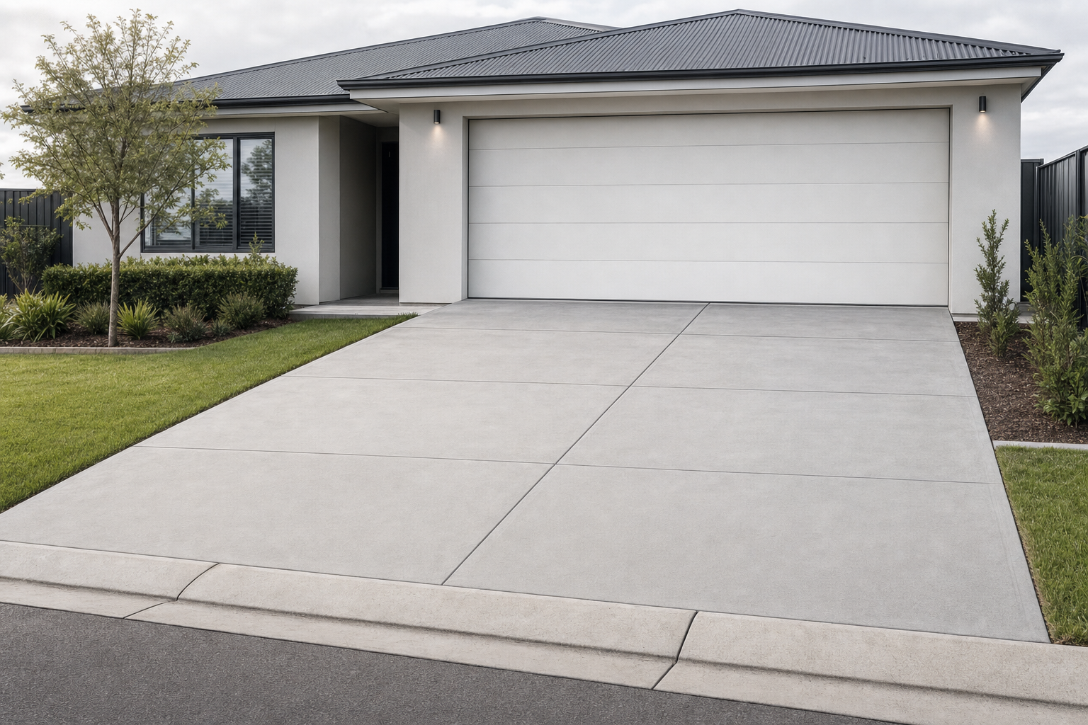 Modern single-storey house with a large garage and neatly landscaped front garden.