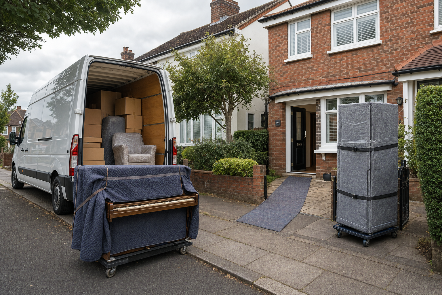 Moving van with open back, loaded with furniture and boxes, next to a house with a piano and fridge on trolleys outside.
