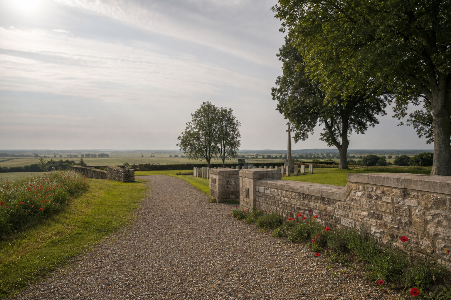 A serene countryside cemetery with rows of gravestones, a stone path, and trees under a cloudy sky.