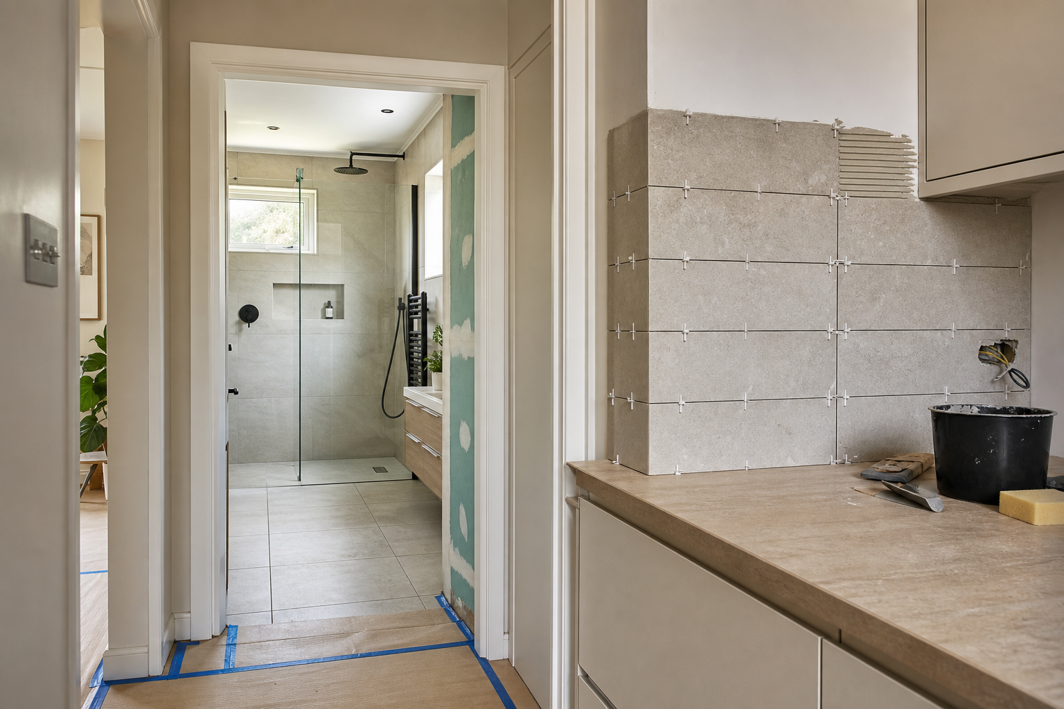 Modern tiled bathroom with a glass shower and unfinished adjacent wall under renovation, tools visible on the countertop.