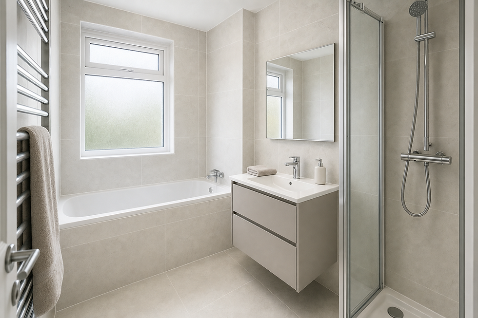 Modern bathroom with beige tiles, a bathtub, a wall-mounted sink, and a glass shower enclosure.