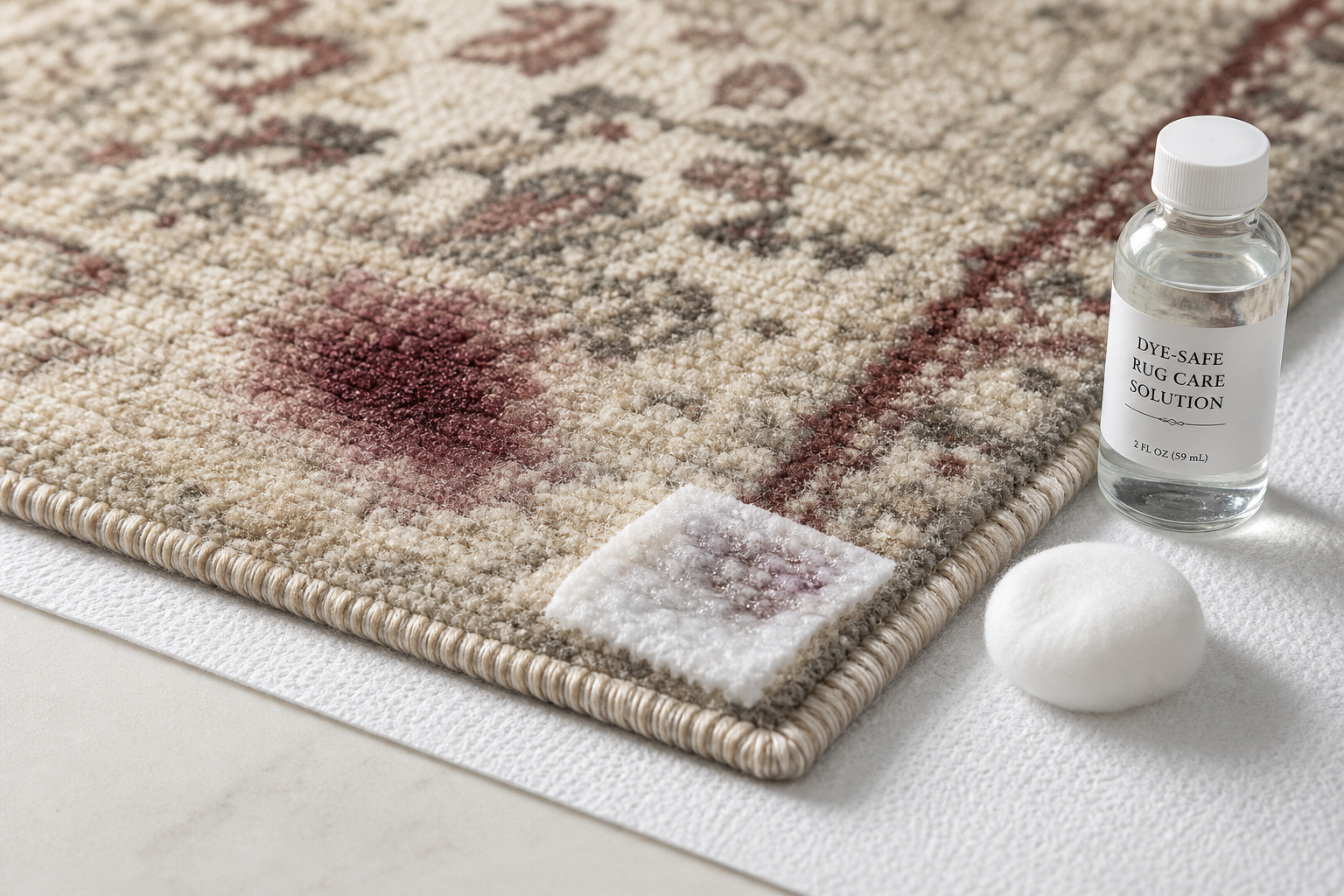 A stained rug with a cleaning kit including dye-safe solution, a cotton pad, and a test swatch.