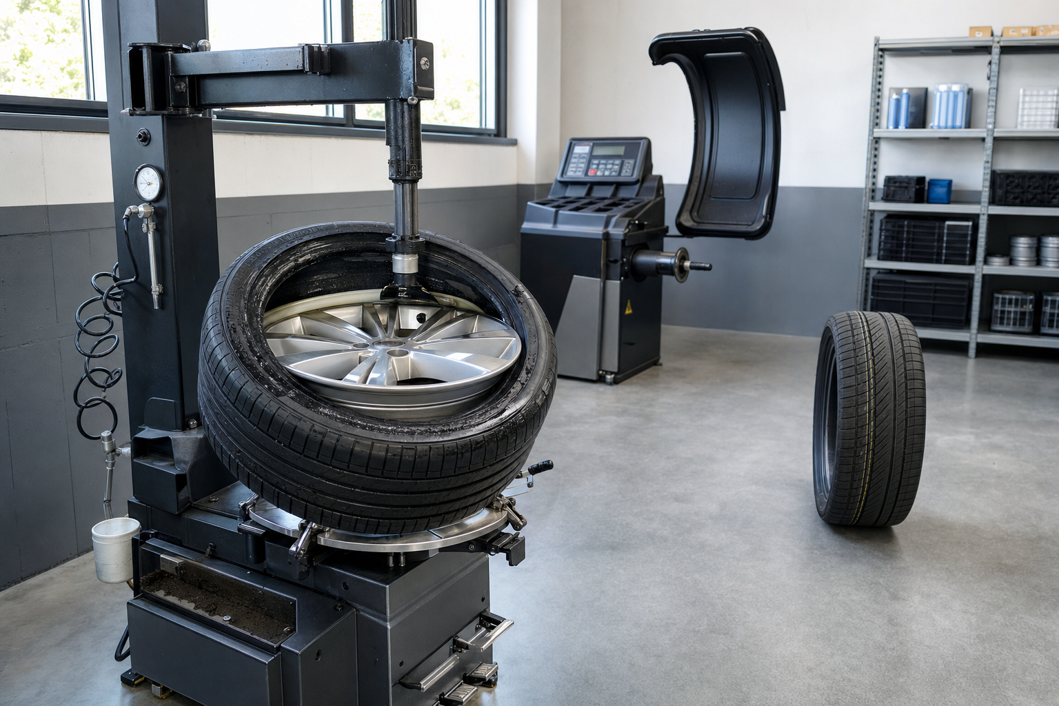 Tyre changing machine in a workshop with a tyre in process and another tyre nearby.