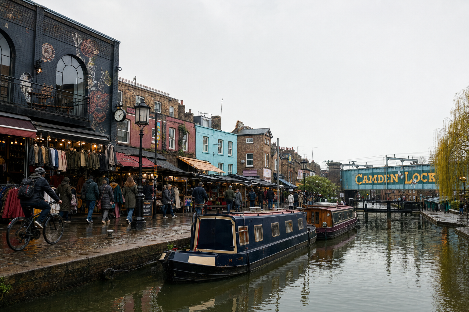 Canal boats moored at Camden Lock against a backdrop of vibrant market shops and a bustling crowd.