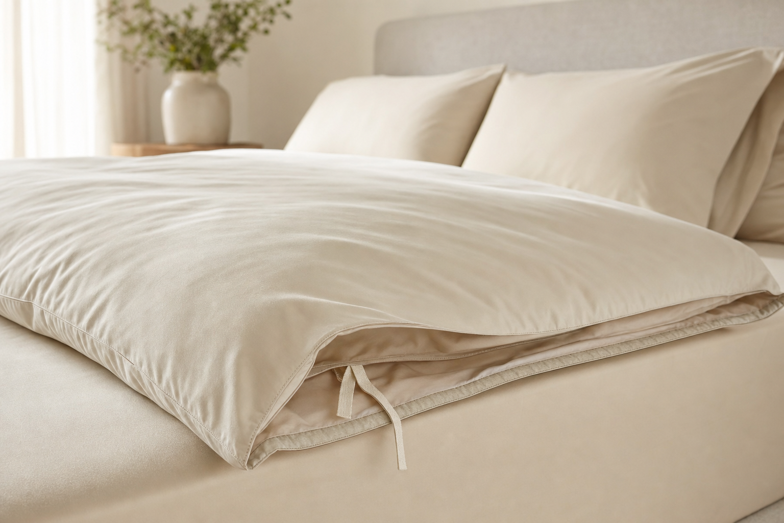 A neatly made bed with beige sheets and a duvet cover partially open, showing a tie closure.