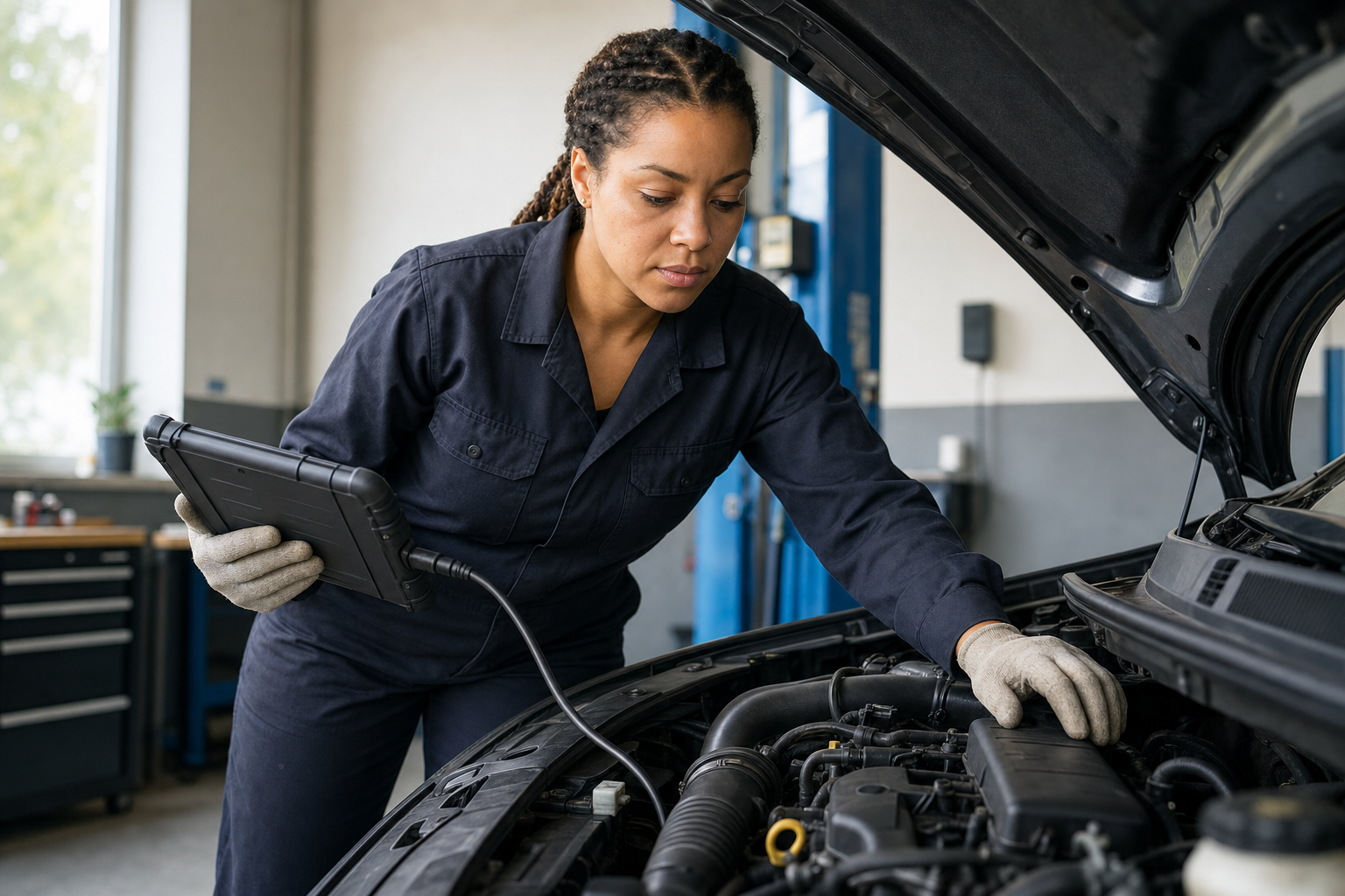 Mechanic using a diagnostic tool to examine a car engine in a garage.
