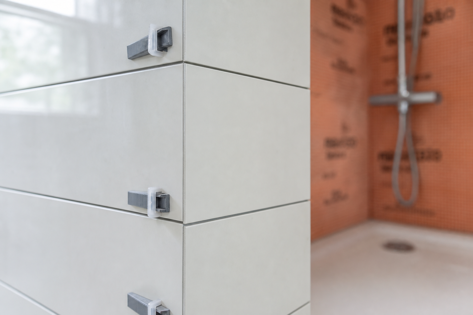 Large grey tiles with spacers during installation on a shower wall, with an orange waterproof membrane visible behind.