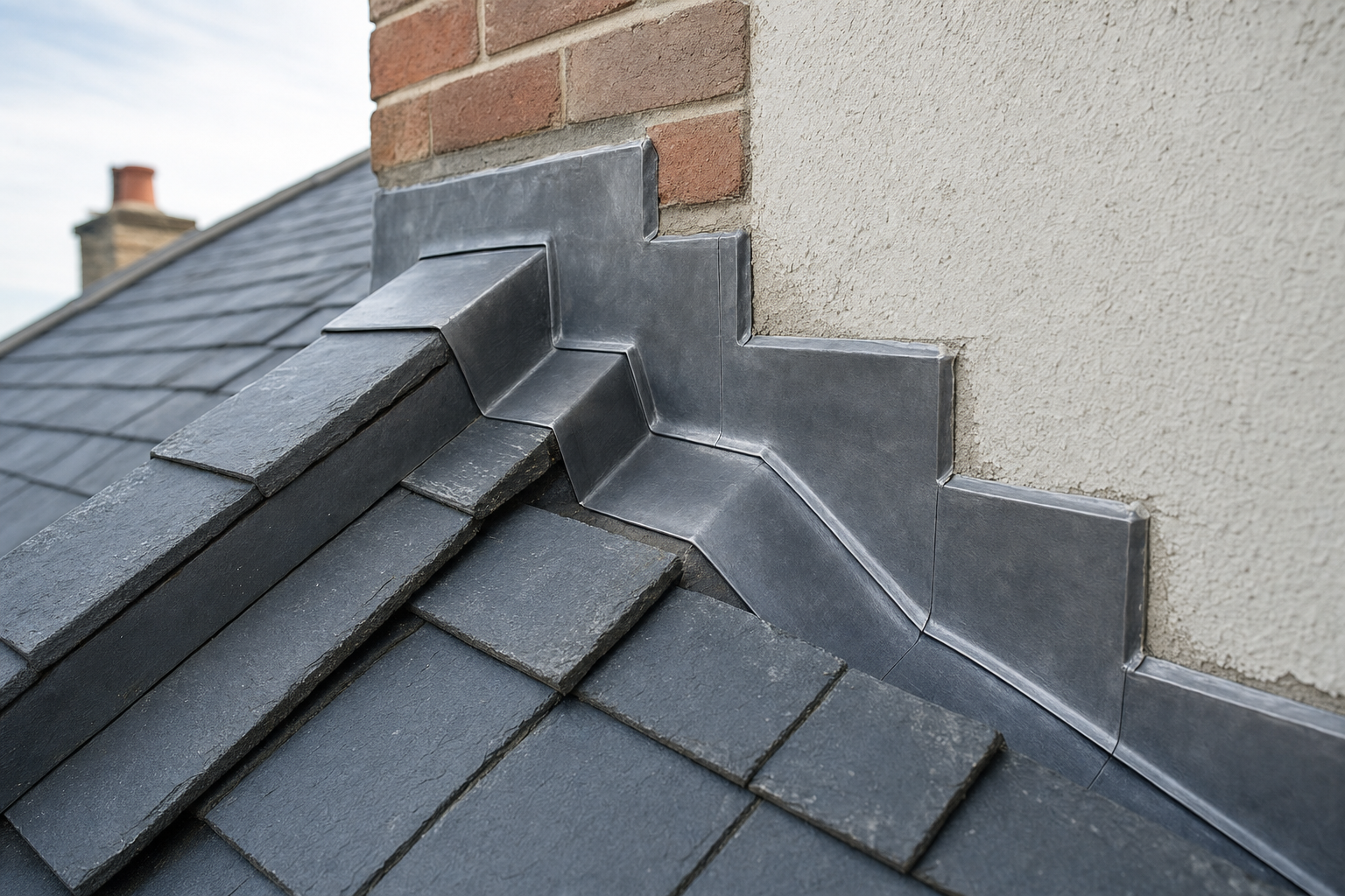 Close-up of lead flashing detail on a slate roof corner by a brick and plaster chimney.