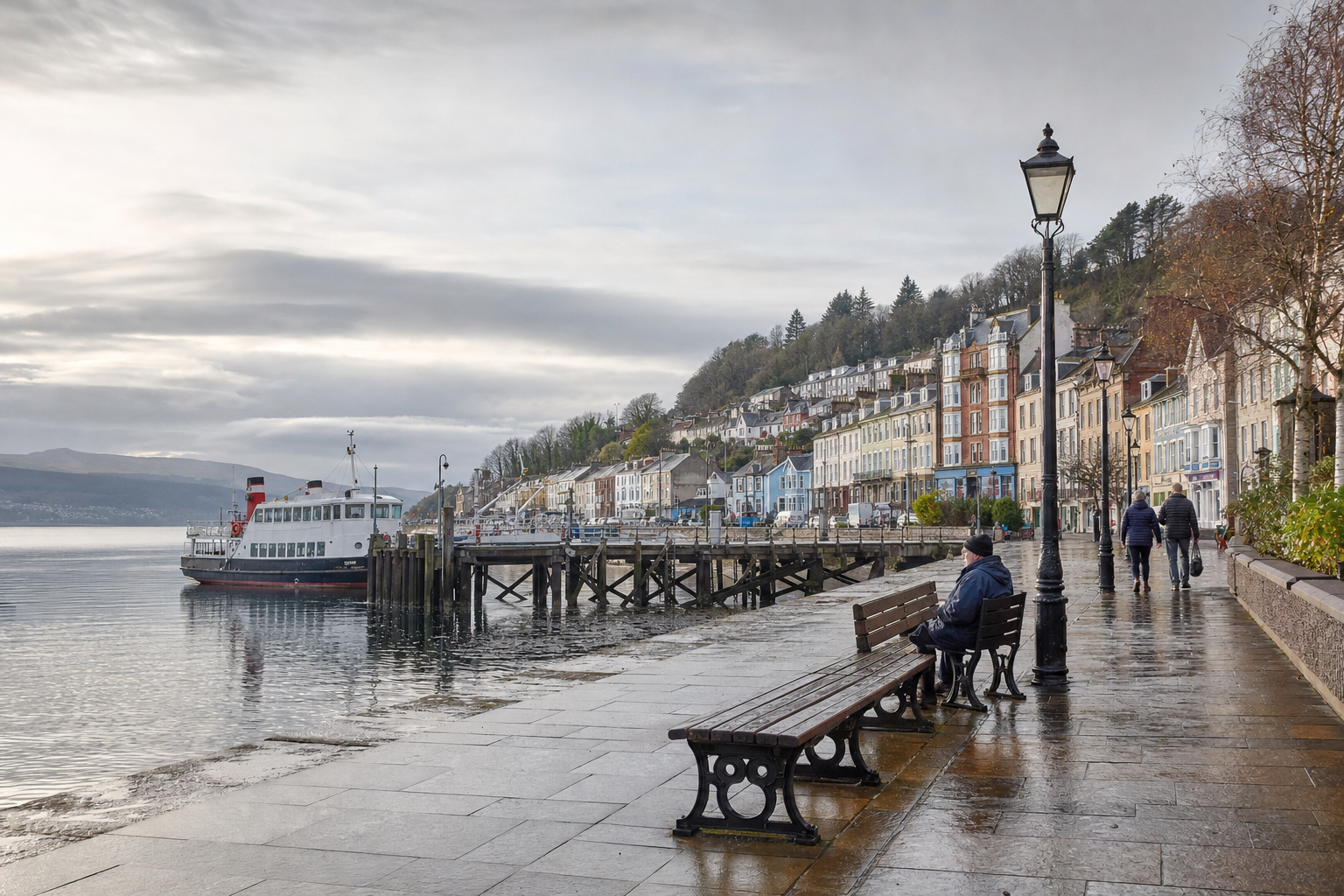 A ferry docked at a pier in a coastal town with colourful buildings and people walking along the waterfront promenade.