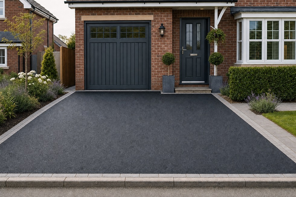 Modern brick house with a dark grey garage door and matching front door, surrounded by neat landscaping.
