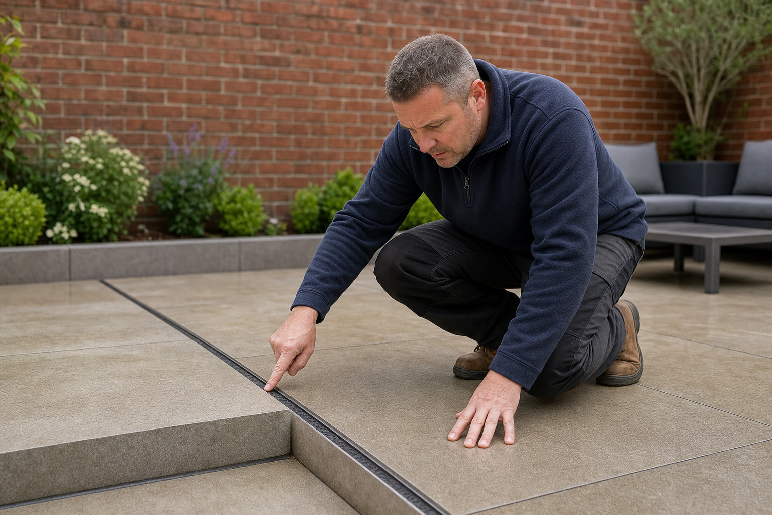 Man examining the alignment of outdoor patio tiles in a modern garden setting.