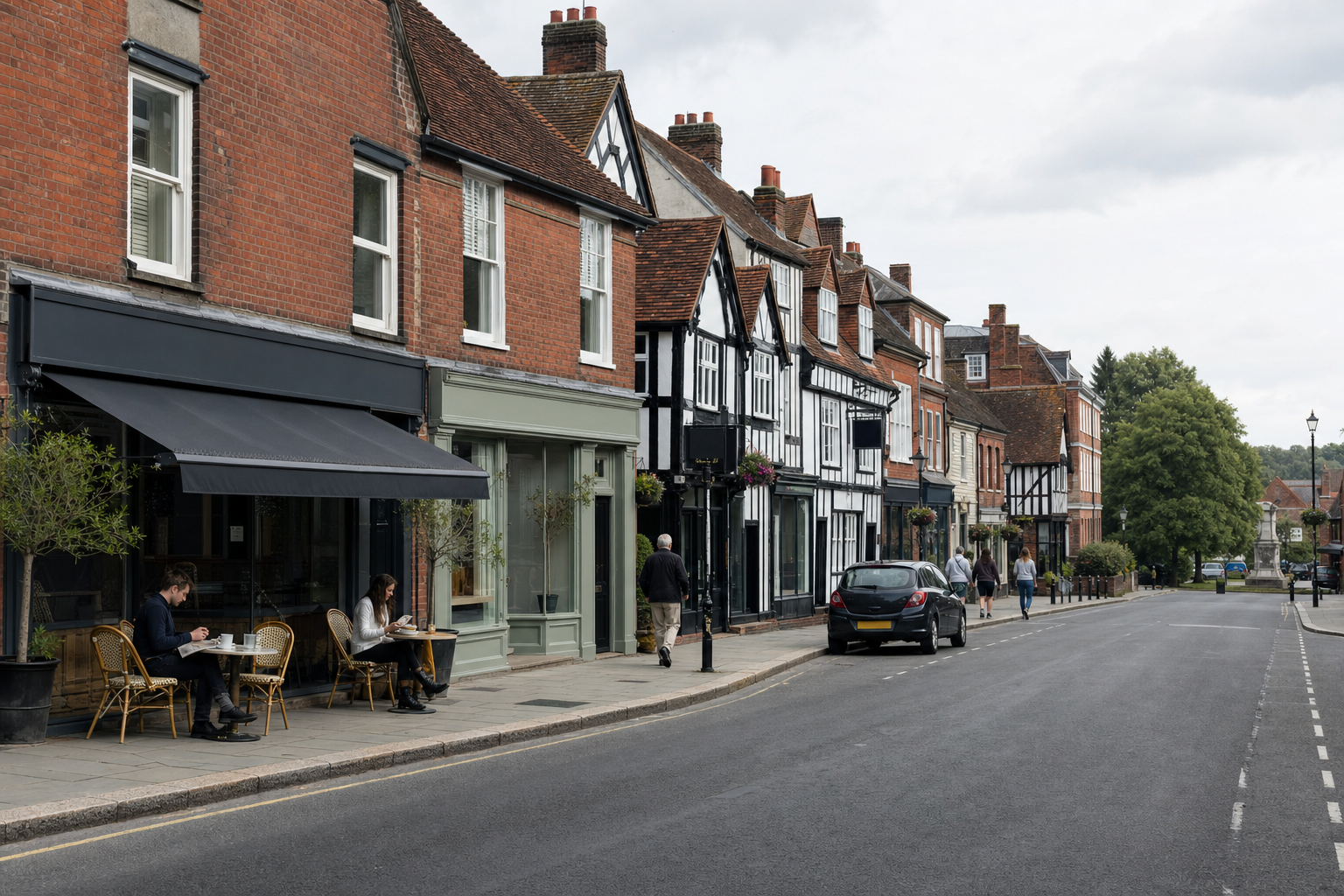 A quaint British street with red brick and timber-framed buildings, a few people walking, and outdoor café seating.