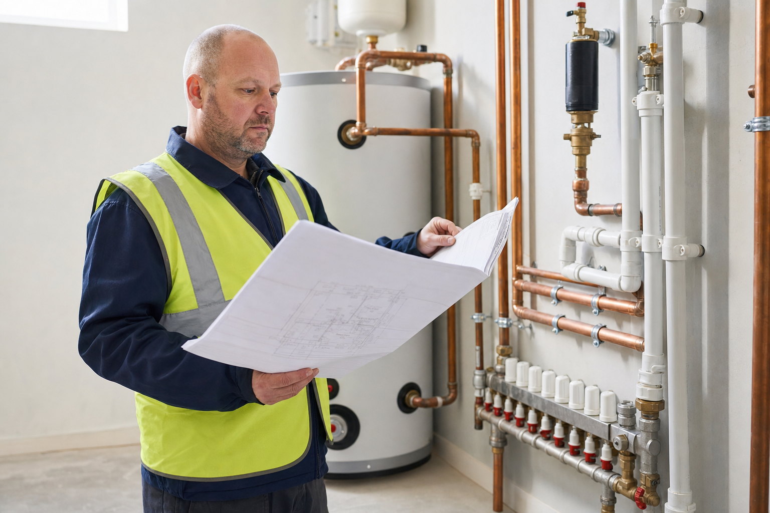 Engineer in a high-visibility vest examines blueprints next to a water heating system with copper pipes.