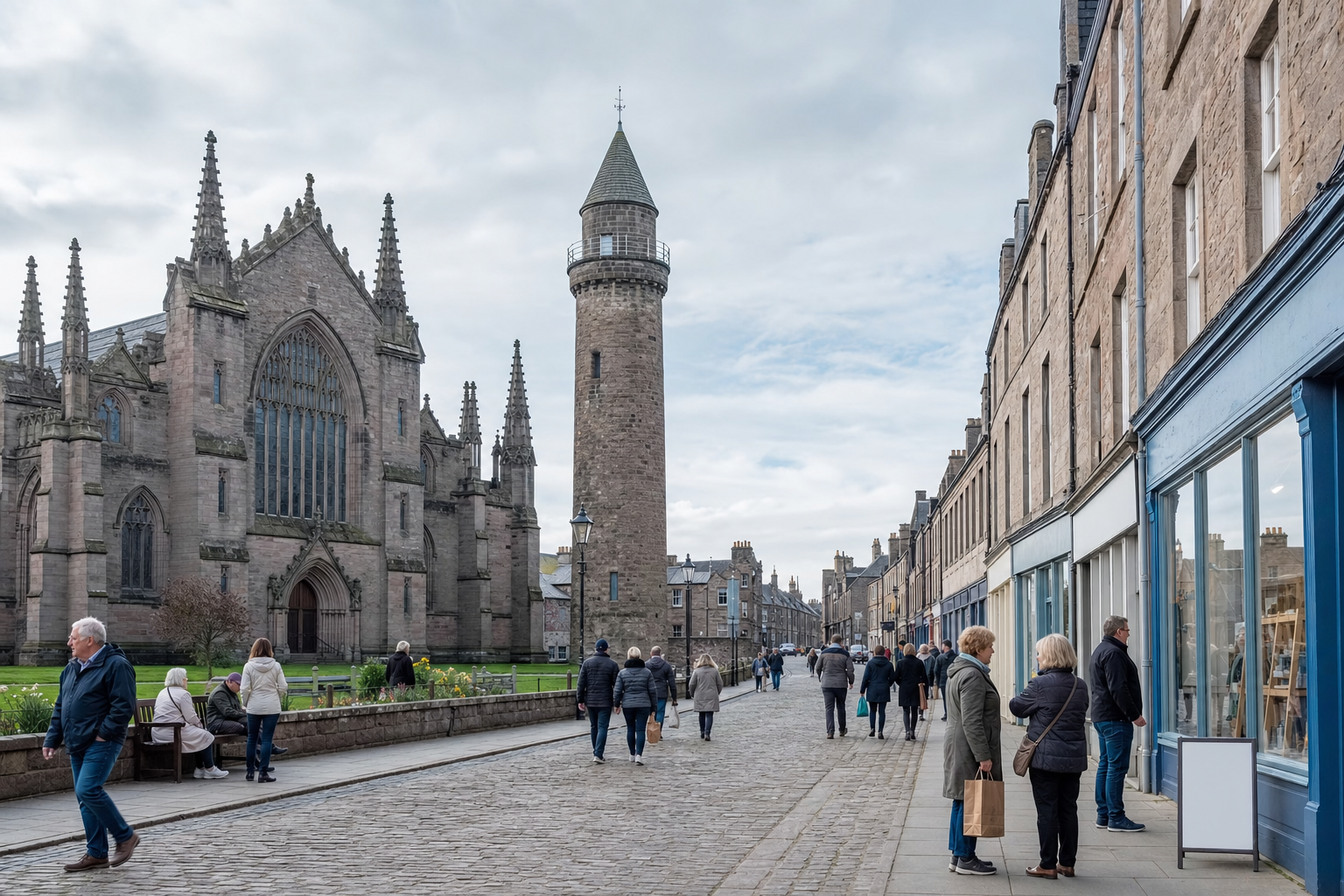 Street scene with people walking beside a large historic church and a stone tower under a cloudy sky.
