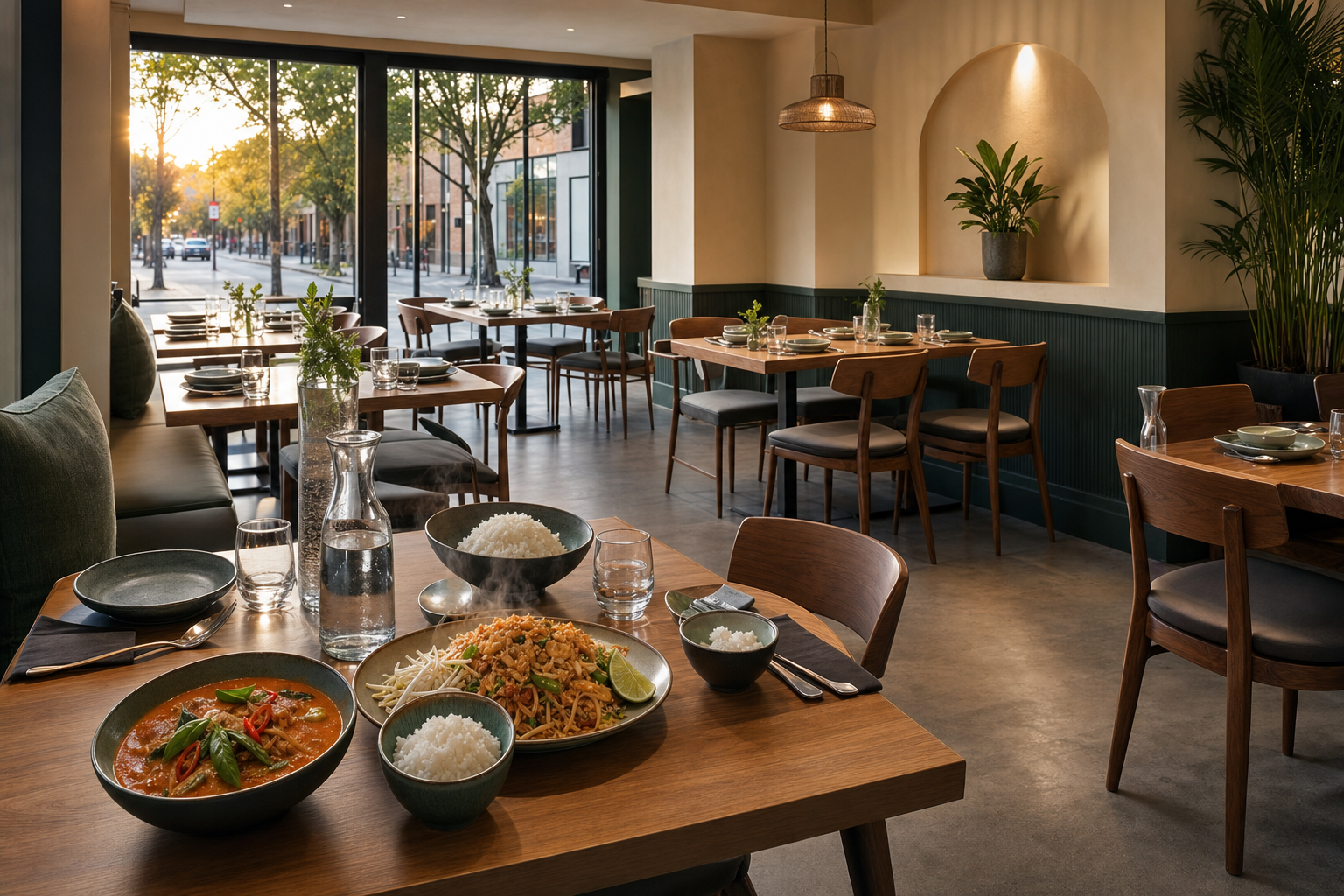 A modern restaurant interior with wooden tables set for dining and dishes of rice and curry in the foreground.
