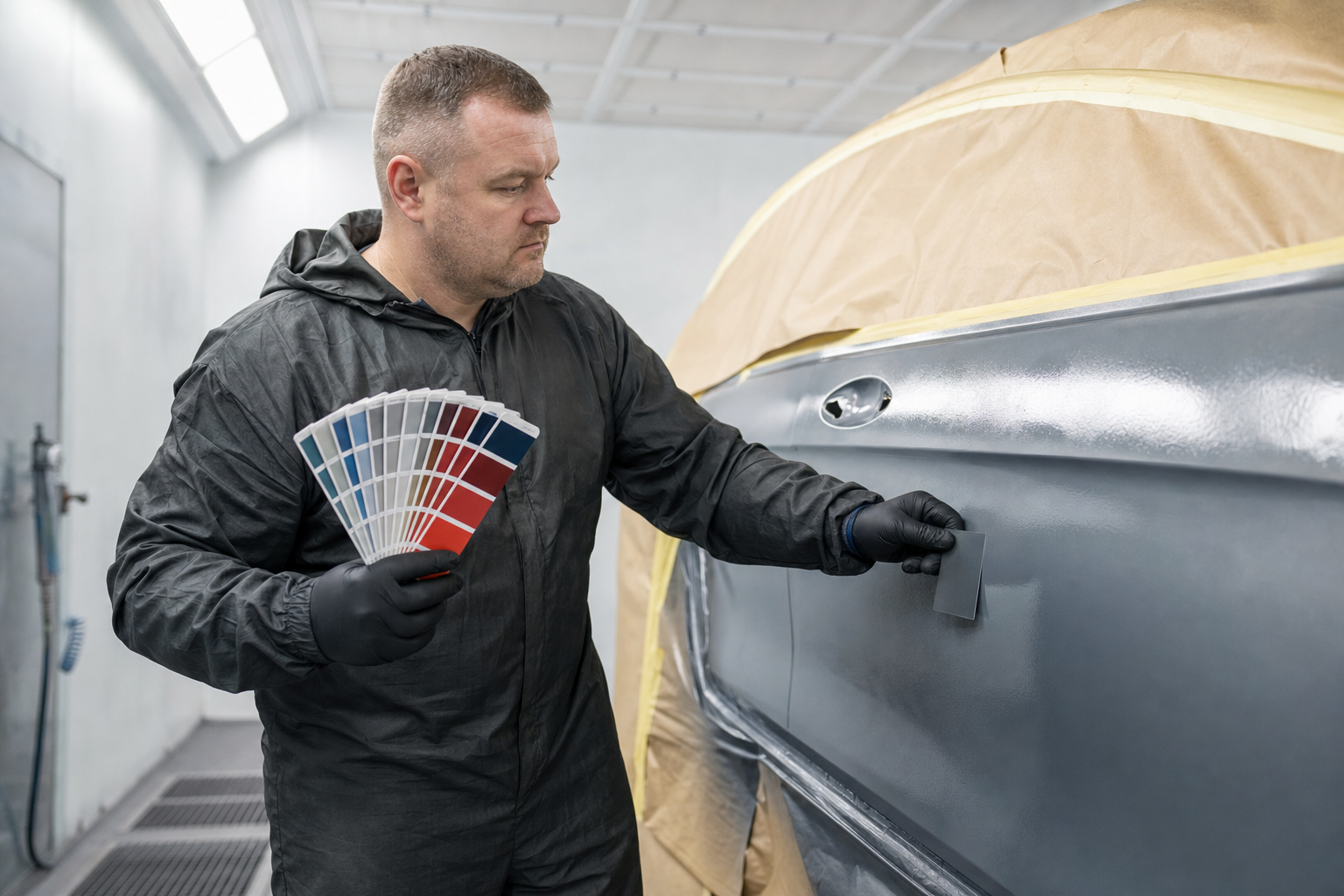 Man in black overalls matches car paint colours in a spray booth.