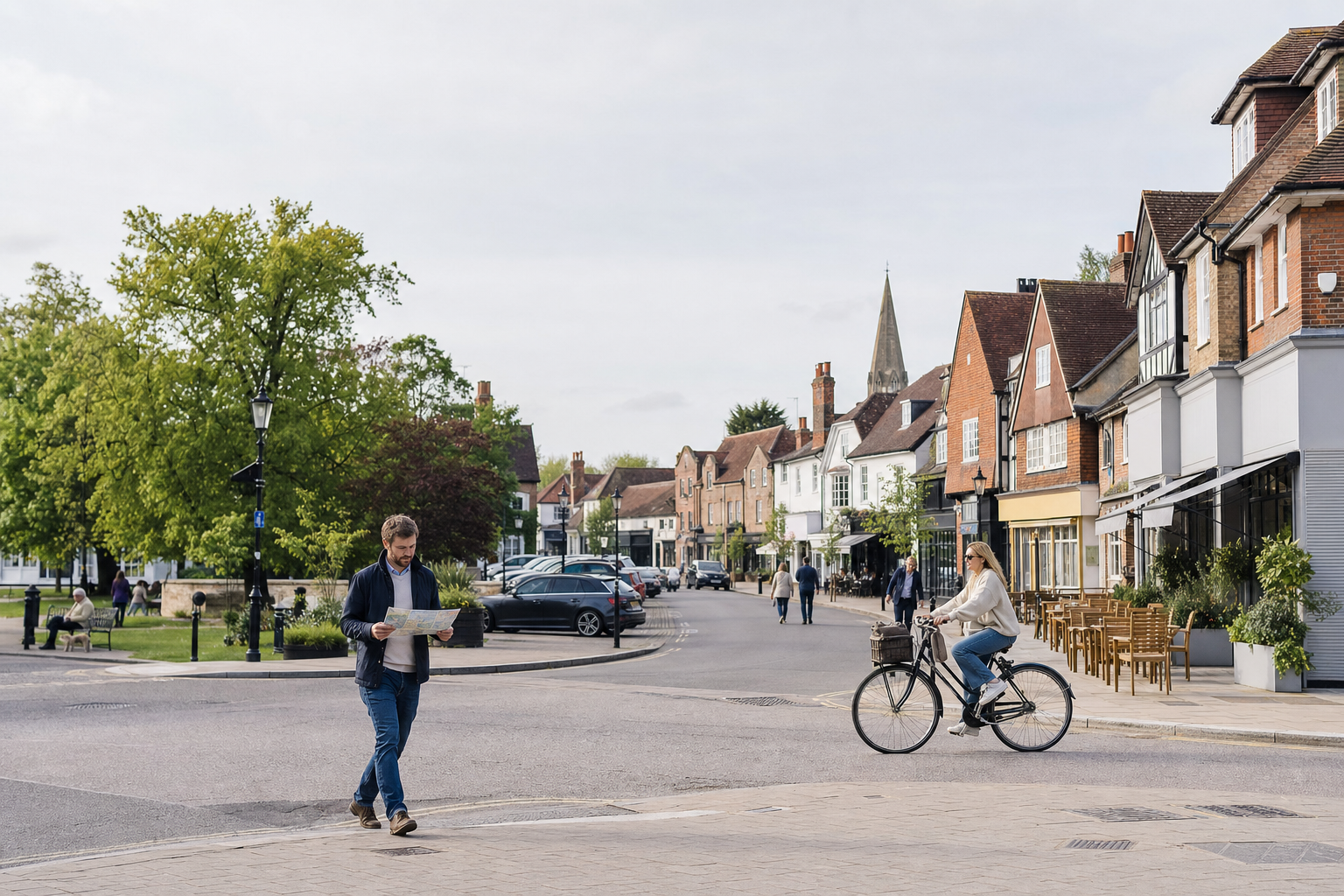 A man reading a map and a woman riding a bicycle on a charming English village street.