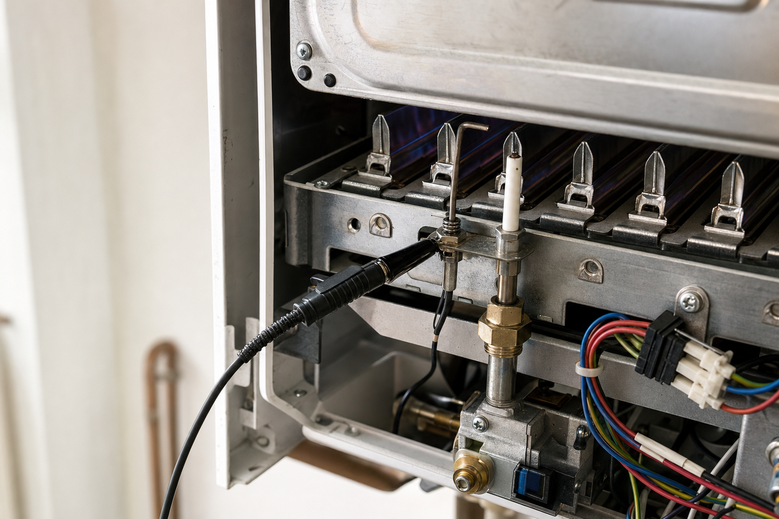 Open gas boiler with visible wiring and components, highlighting its internal mechanism.