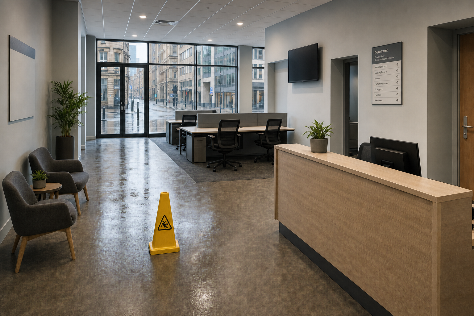 Modern office lobby with a wooden reception desk, seating area, and wet floor sign, overlooking a rainy city street.