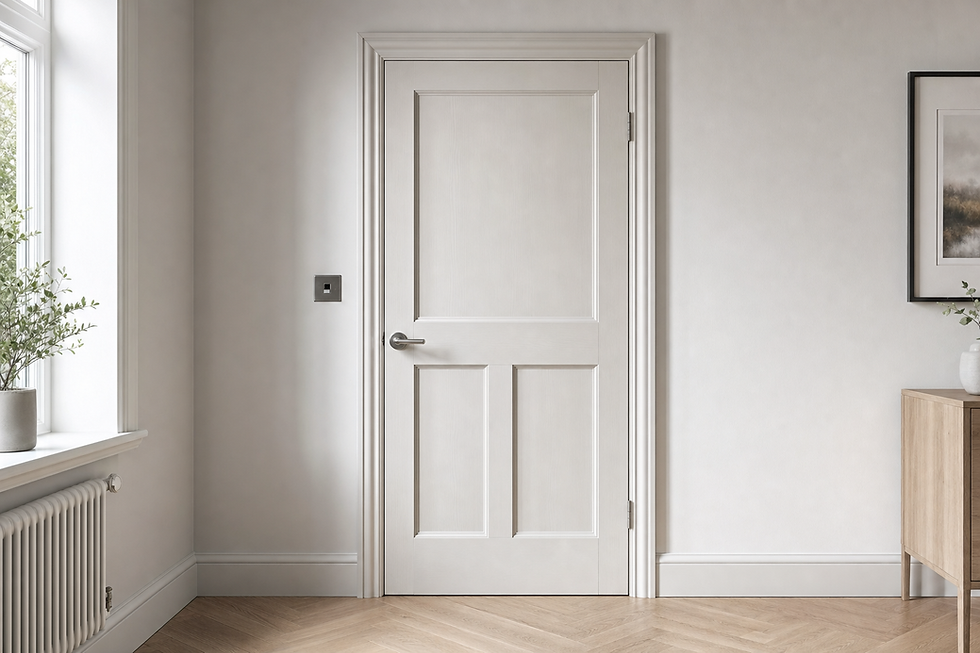 A white interior door with a modern handle in a minimalist room featuring wooden flooring and potted plants.