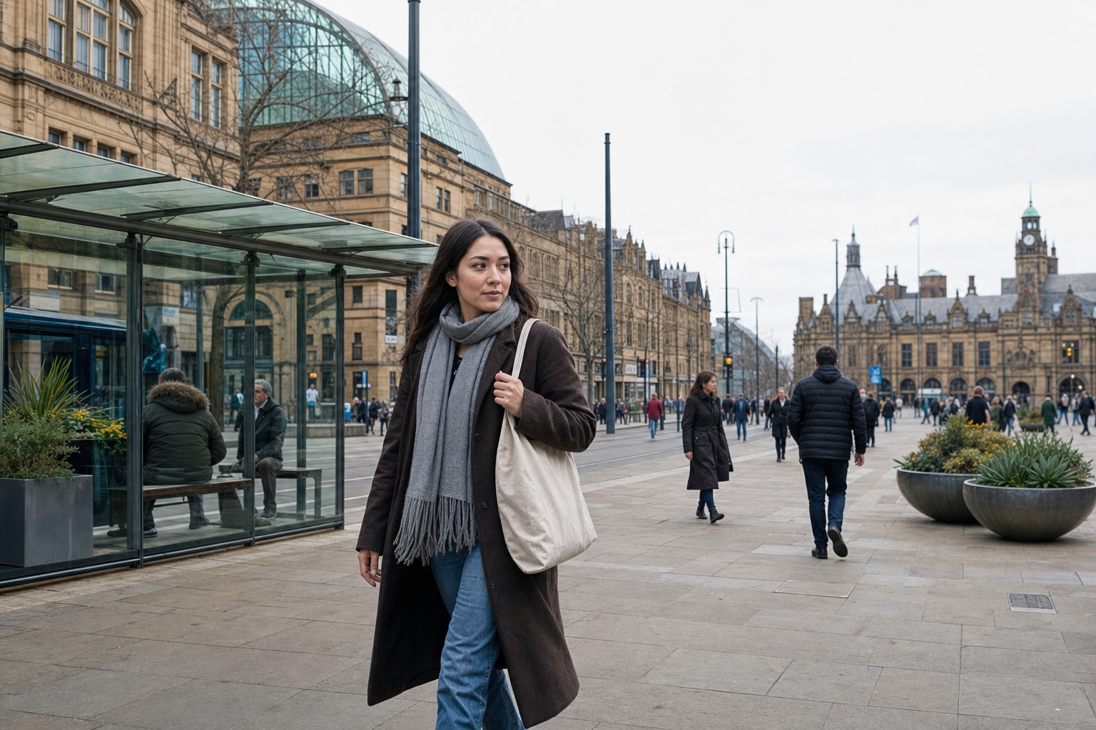 A woman in a long coat and scarf walks through a bustling city square with historic architecture in the background.