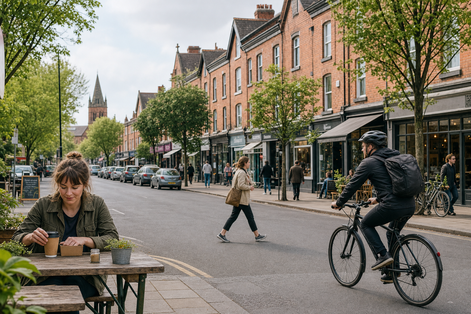 A cyclist rides past relaxed pedestrians and a woman sitting at an outdoor café on a tree-lined street with brick buildings.