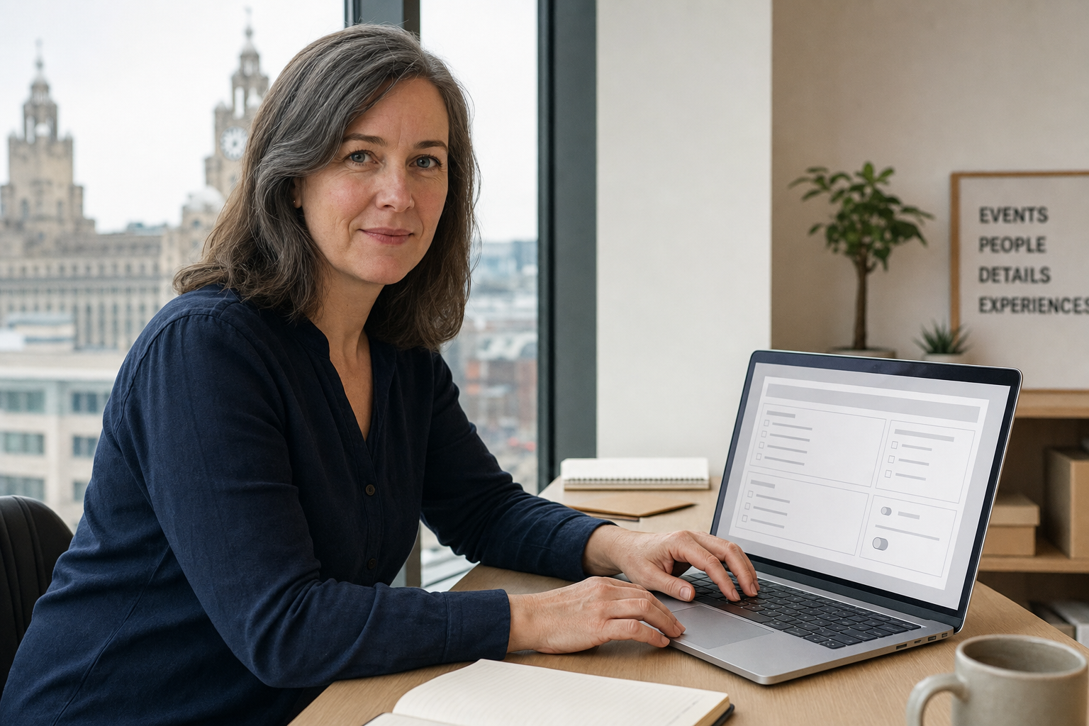 Woman working on a laptop at a desk with a cityscape view in the background.