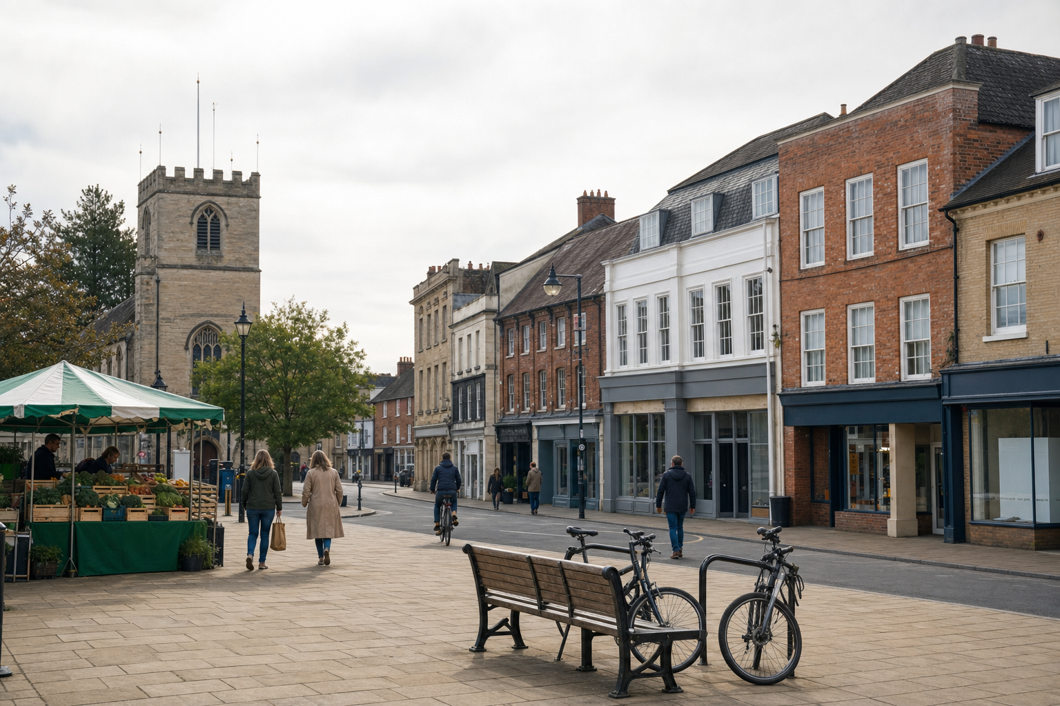 A quiet town street with people walking and cycling past market stalls and traditional buildings.