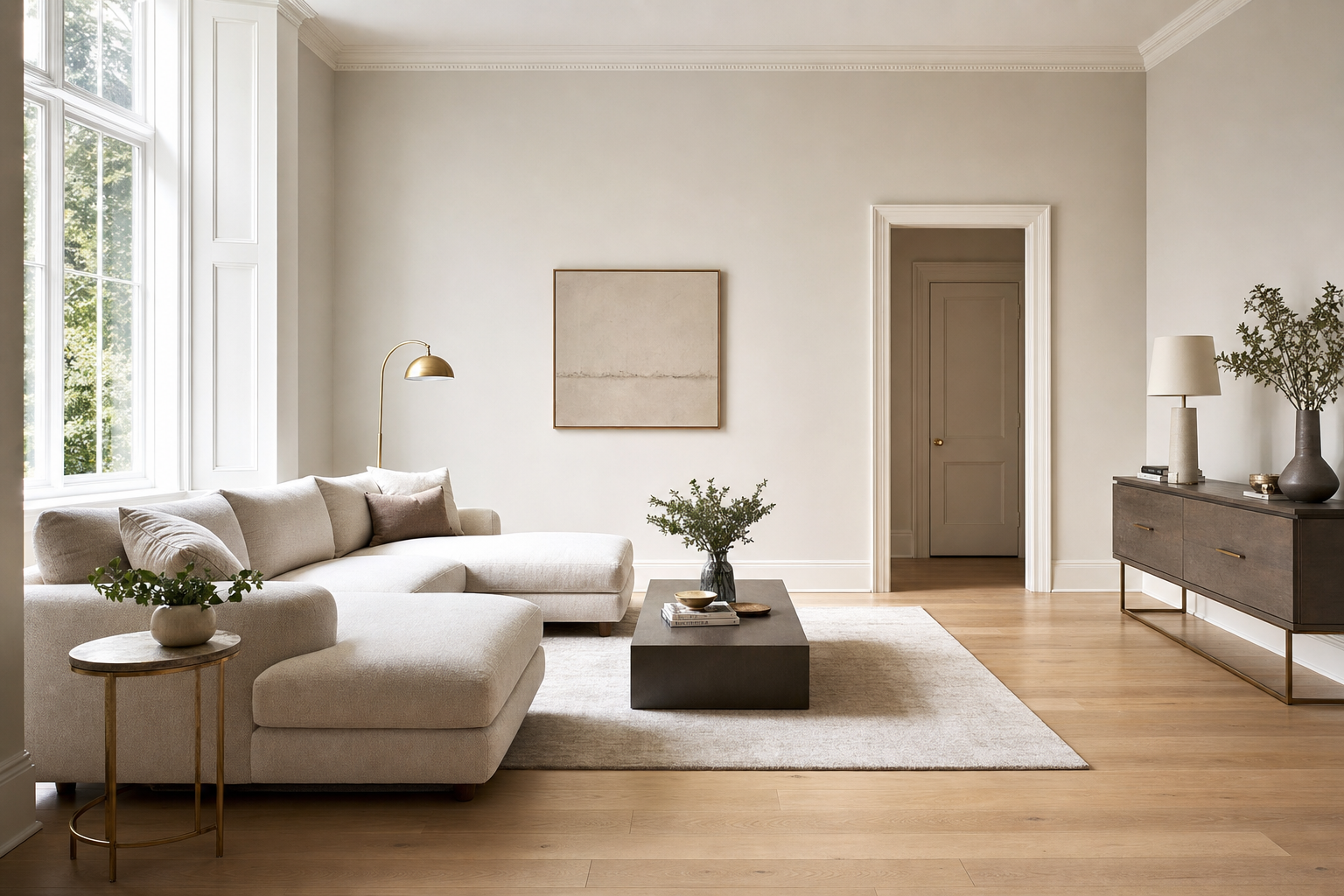 Elegant living room with a cream corner sofa, modern furniture, and large window overlooking greenery.
