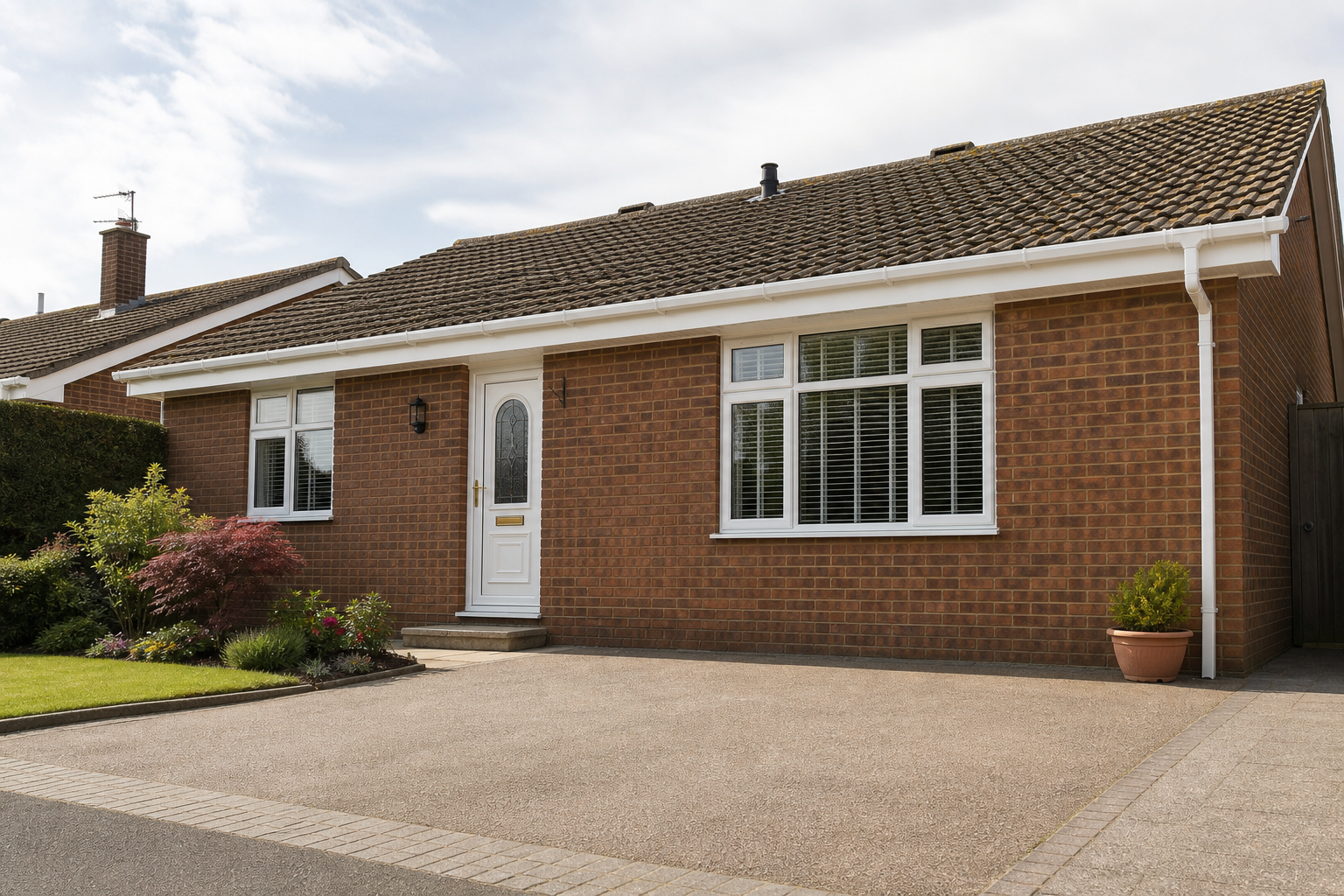 Single-storey brick bungalow with a white front door, large windows, and a neatly maintained front garden.