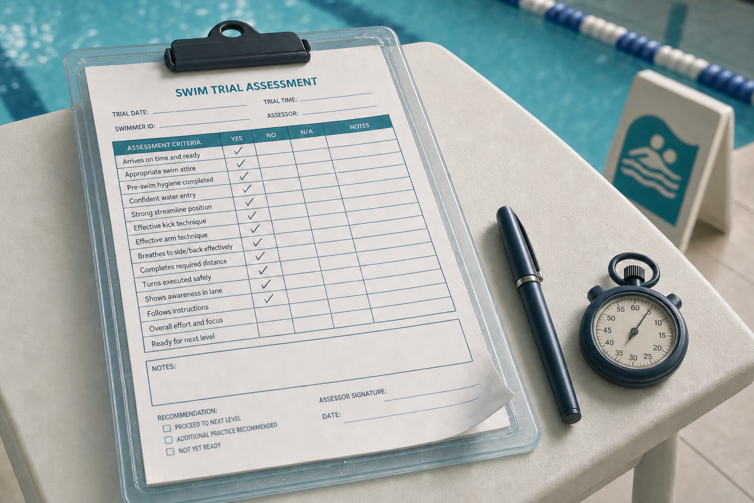 Swim trial assessment form on a clipboard beside a pen and stopwatch near a swimming pool.