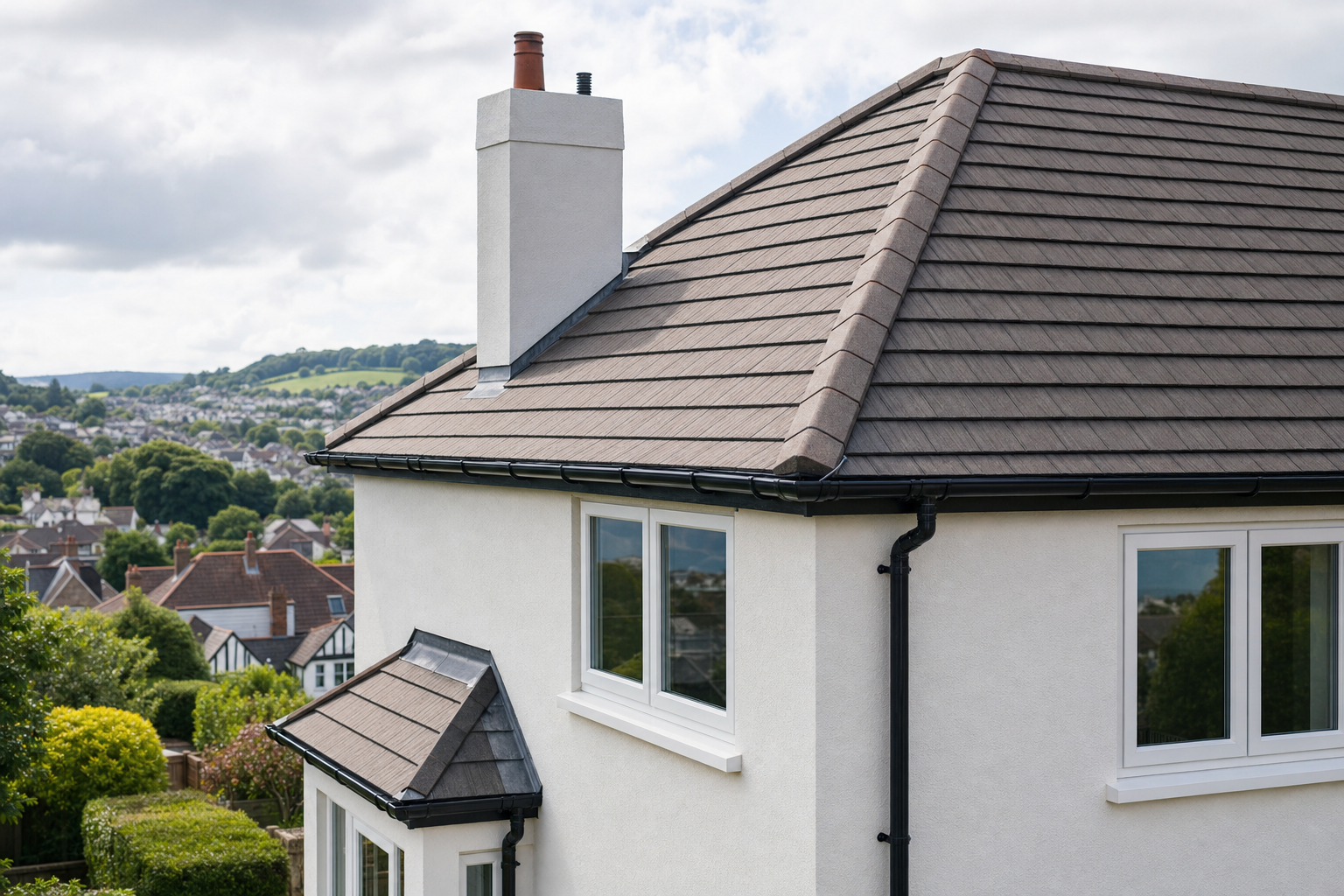 A modern house with a tiled roof and chimney overlooks a suburban neighbourhood and distant hills.