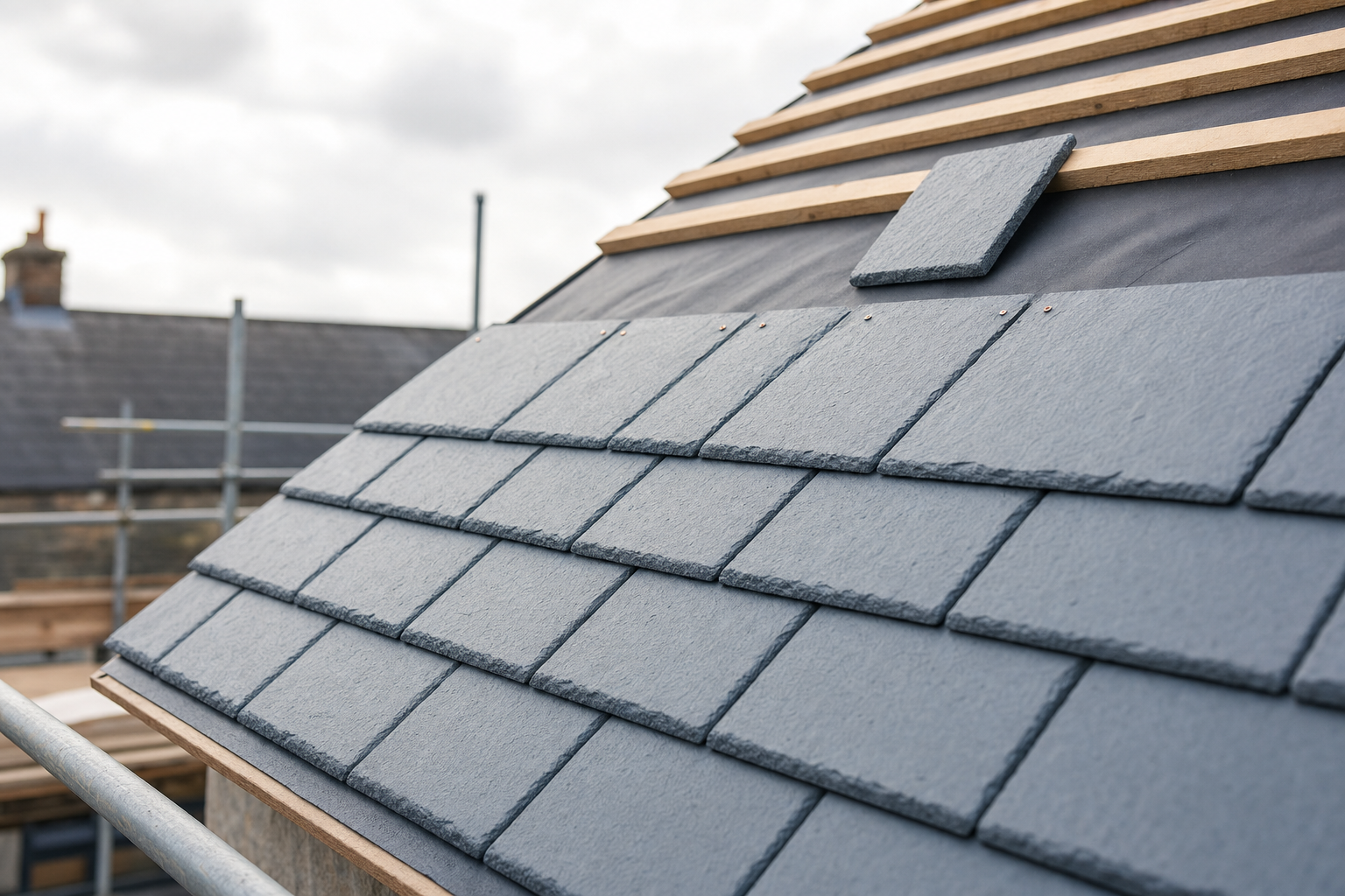 Close-up of a slate roof under construction, featuring neatly arranged grey tiles and wooden battens.
