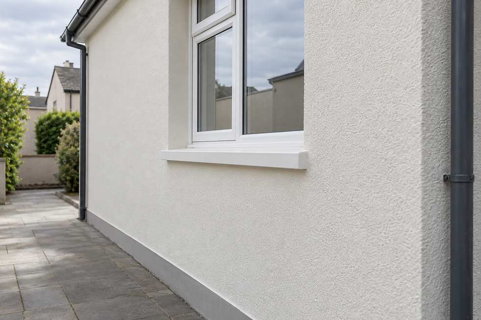 A white rendered house wall with a small window and adjacent grey paving stones.