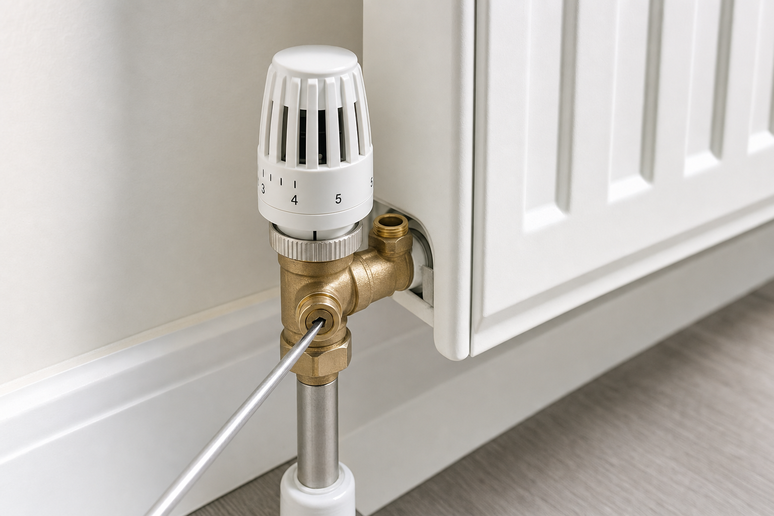 A close-up of a white radiator valve with a temperature control knob set to level four.