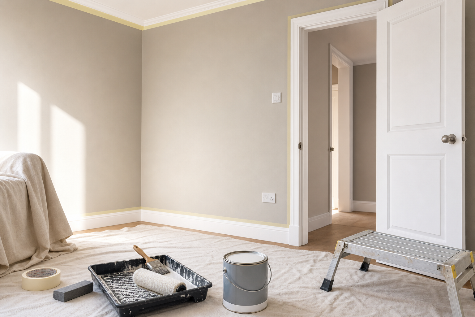 Room being painted with tools, paint can, and step ladder on a tarp-covered floor.