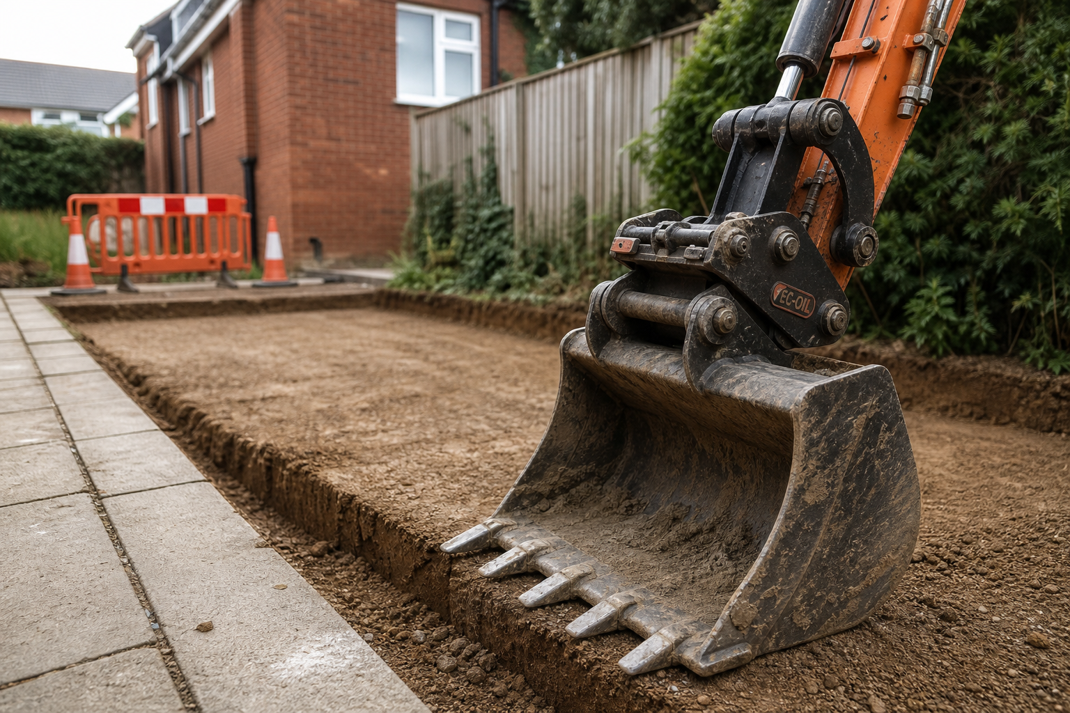 Close-up of an excavator bucket at a building site next to a house with orange safety barriers and traffic cones.
