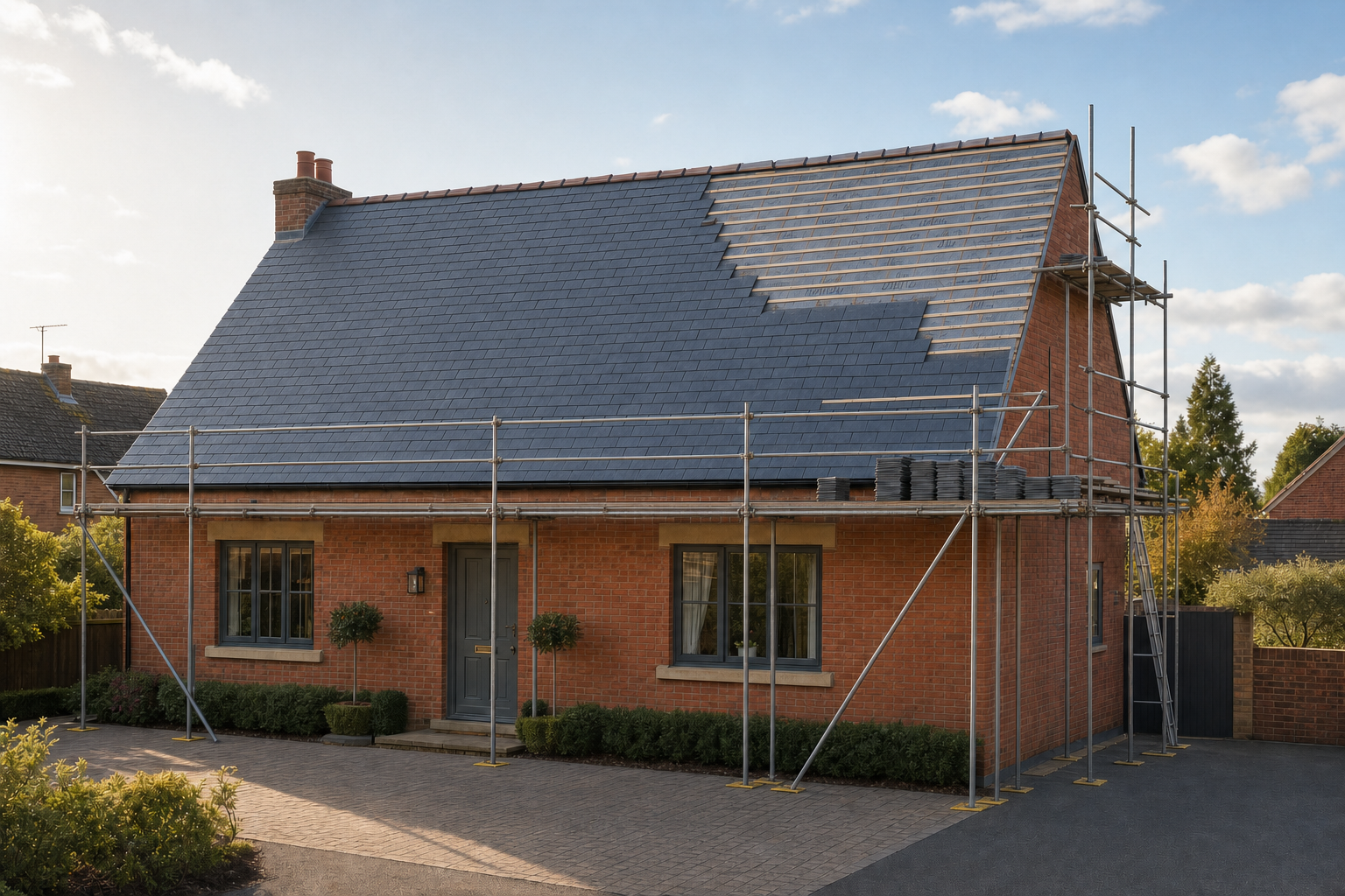 A brick house under renovation with scaffolding and partially tiled roof under a blue sky.