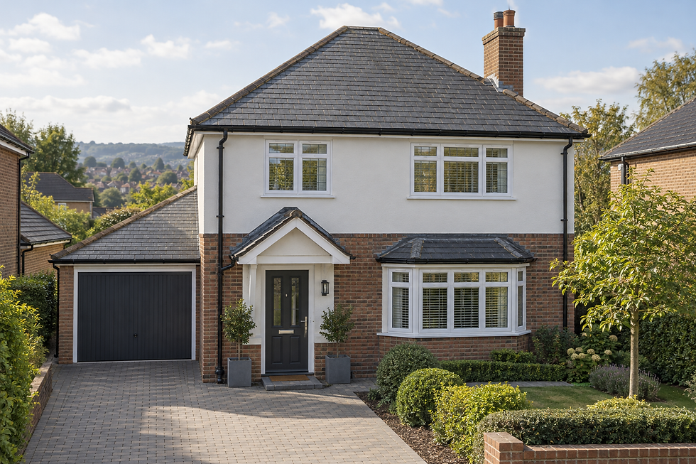 Modern detached house with a brick and white facade, a well-kept garden, and an attached garage.